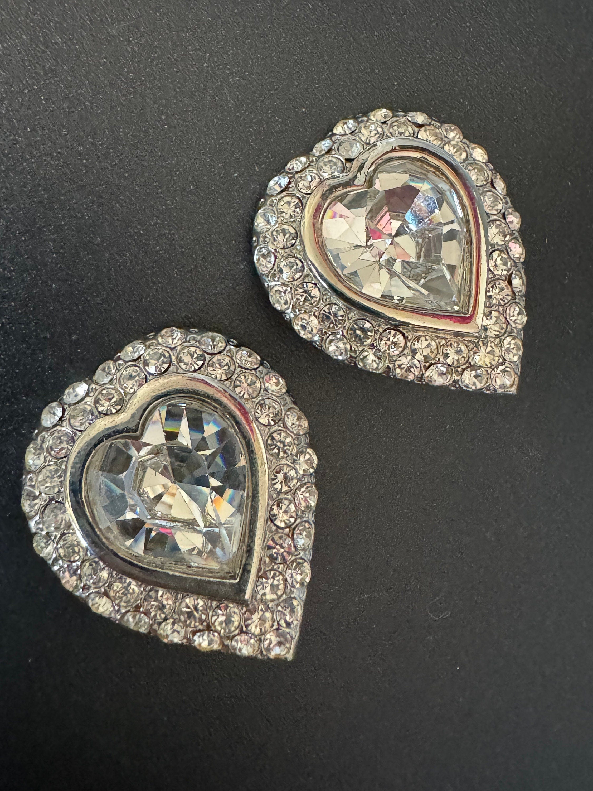 vintage oversized 3.25cm chunky silver tone clear genuine Swarovski crystal love heart earrings 1980s high end old shop stock