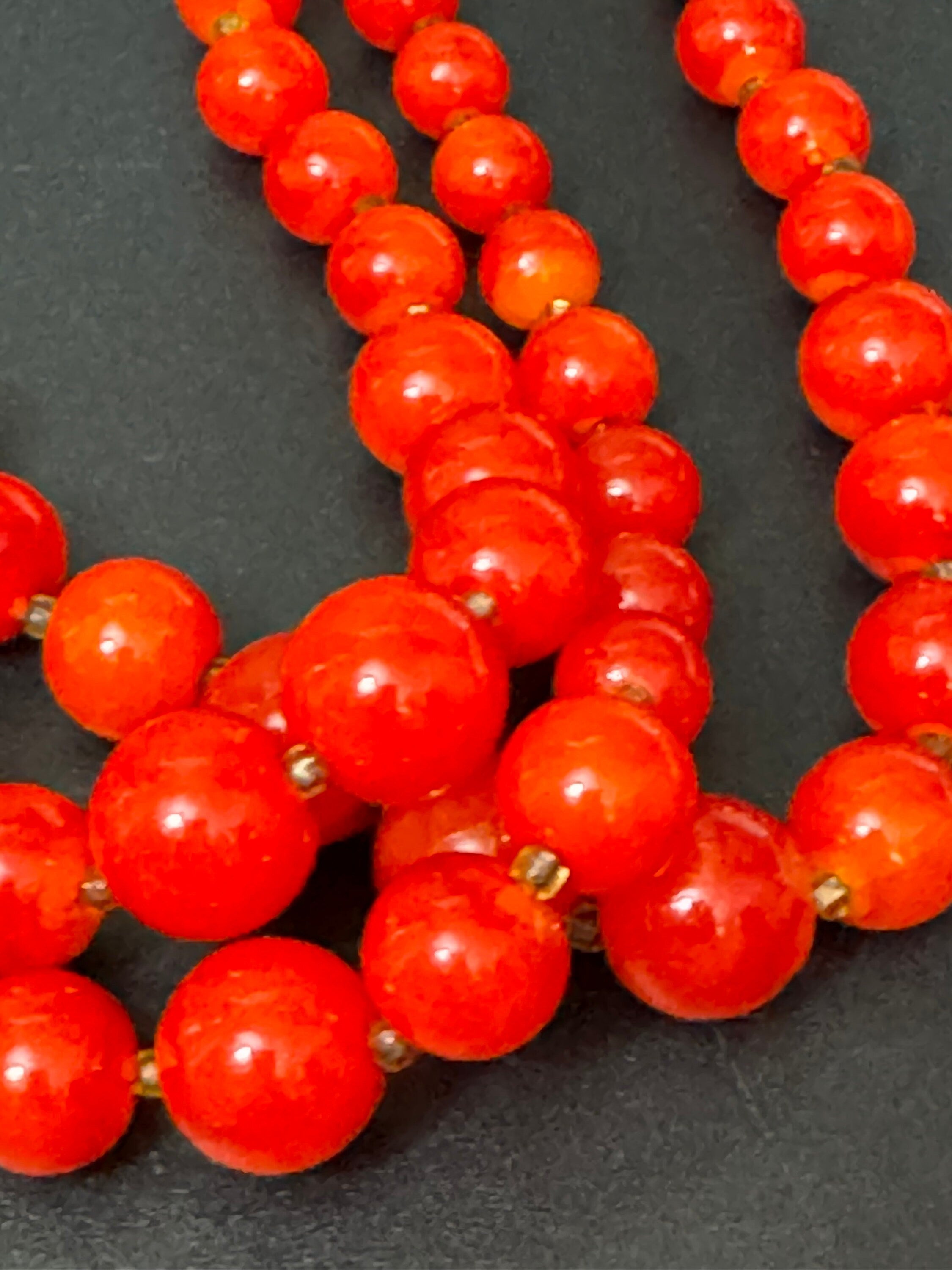 Mid century tomato red signed Hong Kong faux pearl chunky plastic beaded multi strand choker necklace