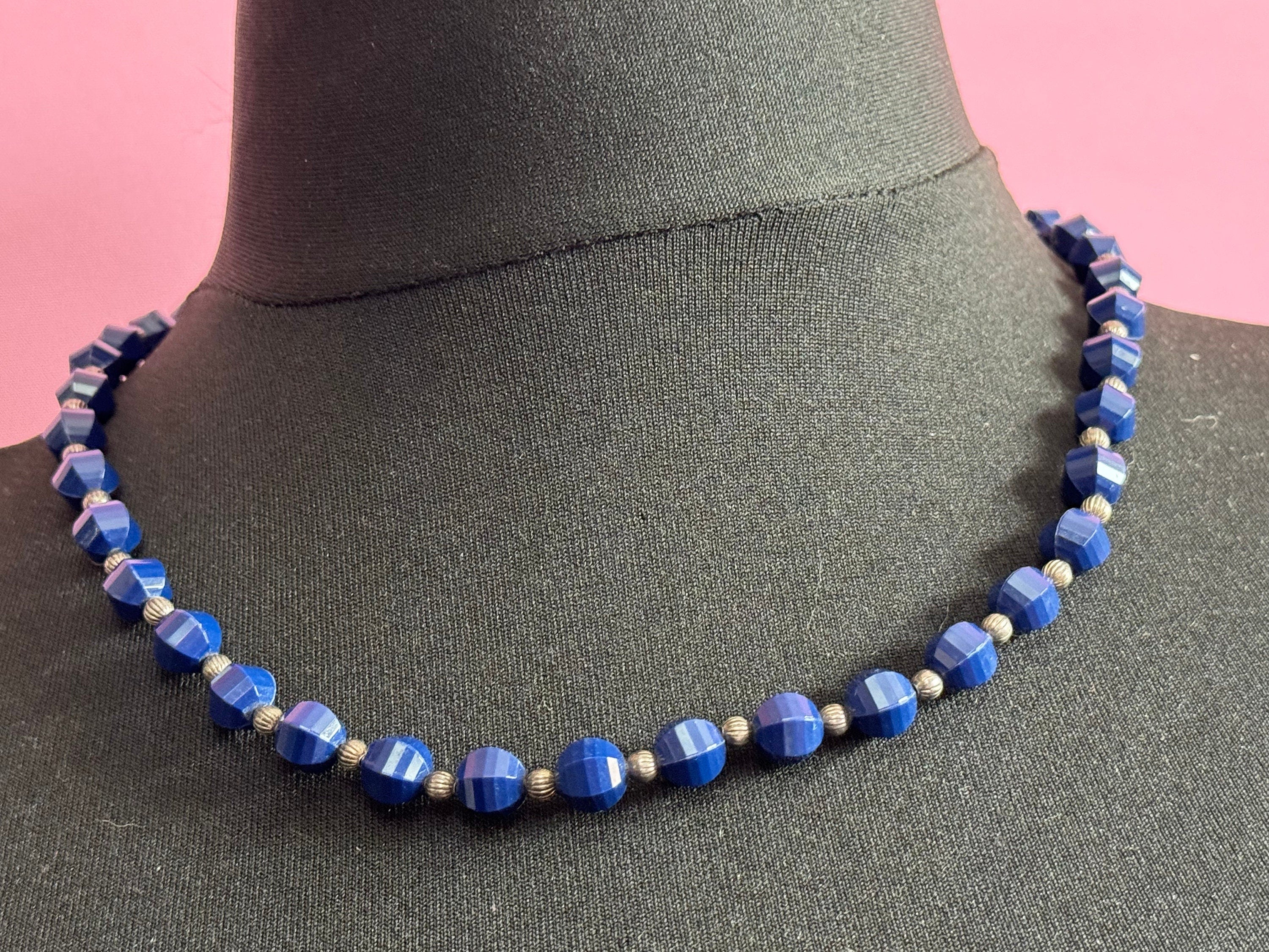 vintage 54cm navy blue plastic beaded silver tone chain link collar necklace