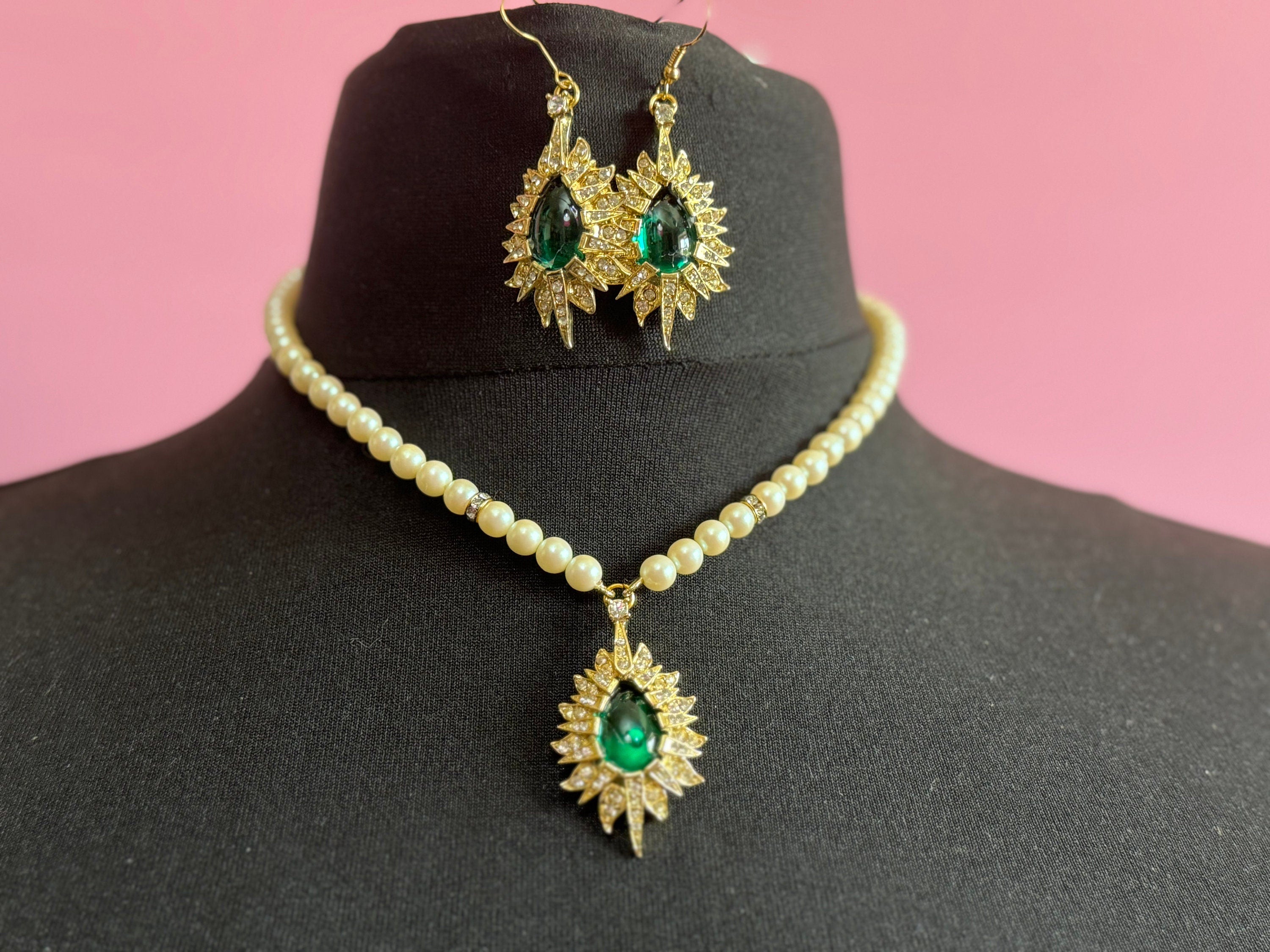 Vintage emerald green clear genuine Swarovski crystal gold tone faux acrylic pearl necklace and pierced drop earrings jewellery set