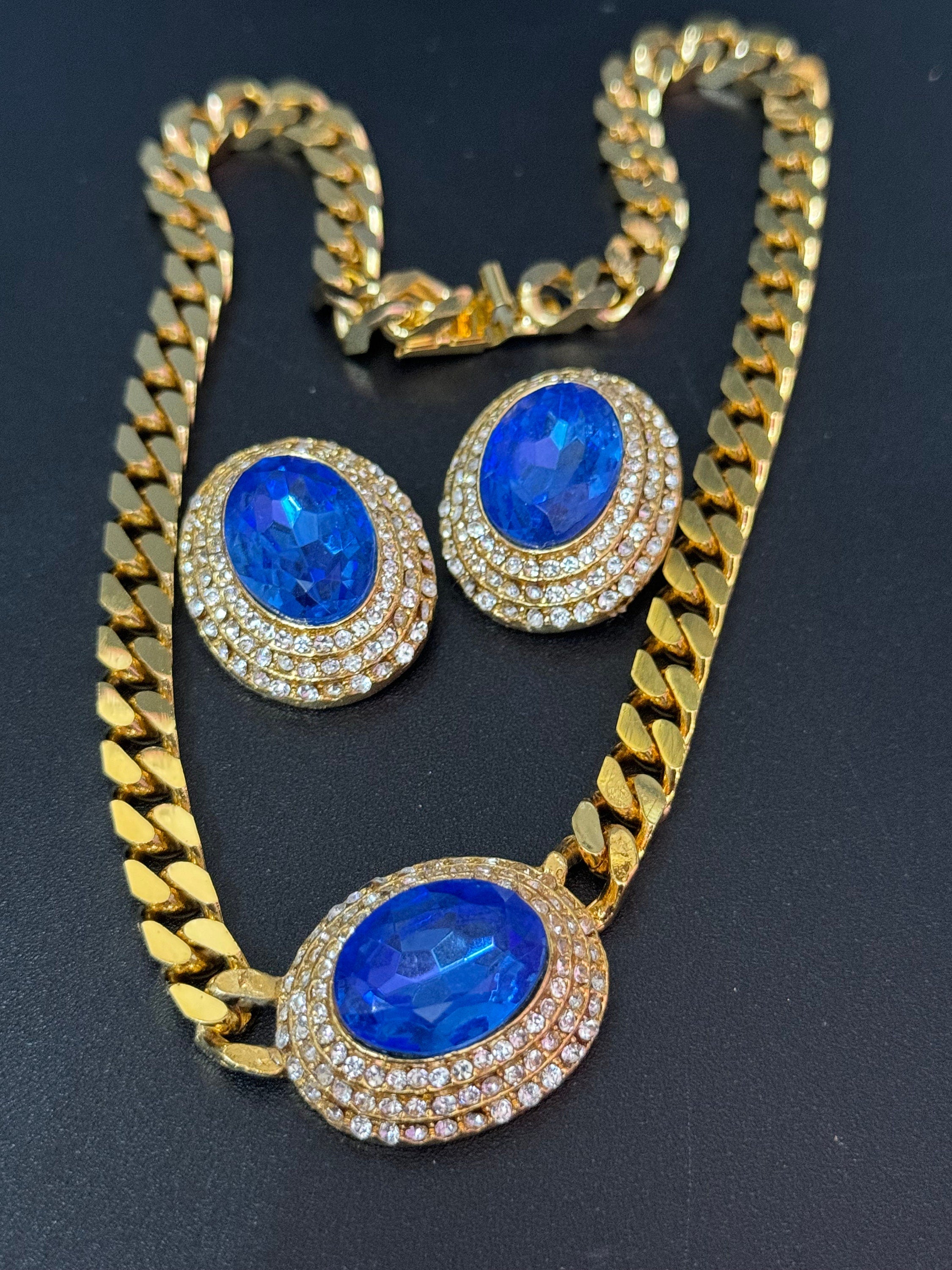 Vintage sapphire blue clear genuine Swarovski crystal oval gold tone necklace and oversized clip on earrings jewellery set