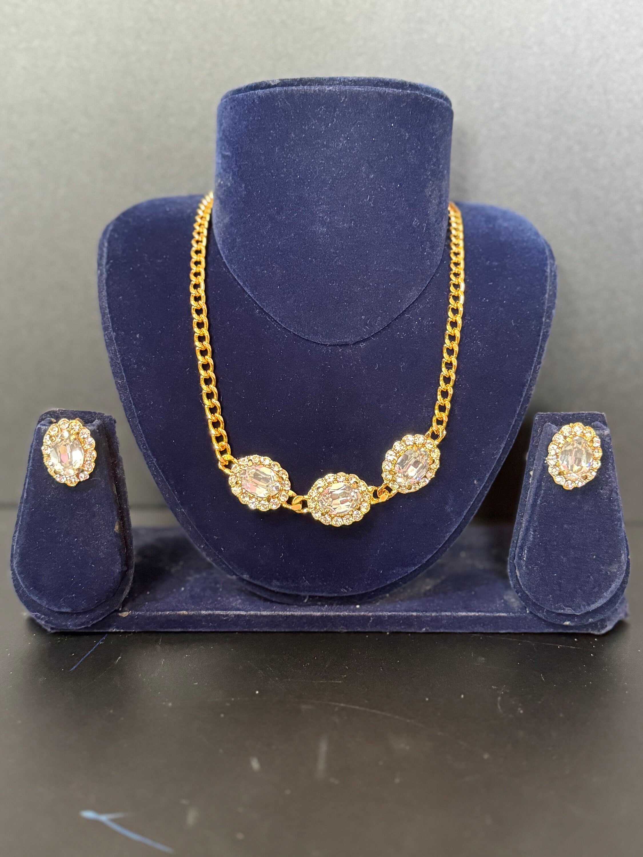 Vintage clear genuine Swarovski crystal oval detailing gold tone necklace and  clip on earrings jewellery set old shop stock
