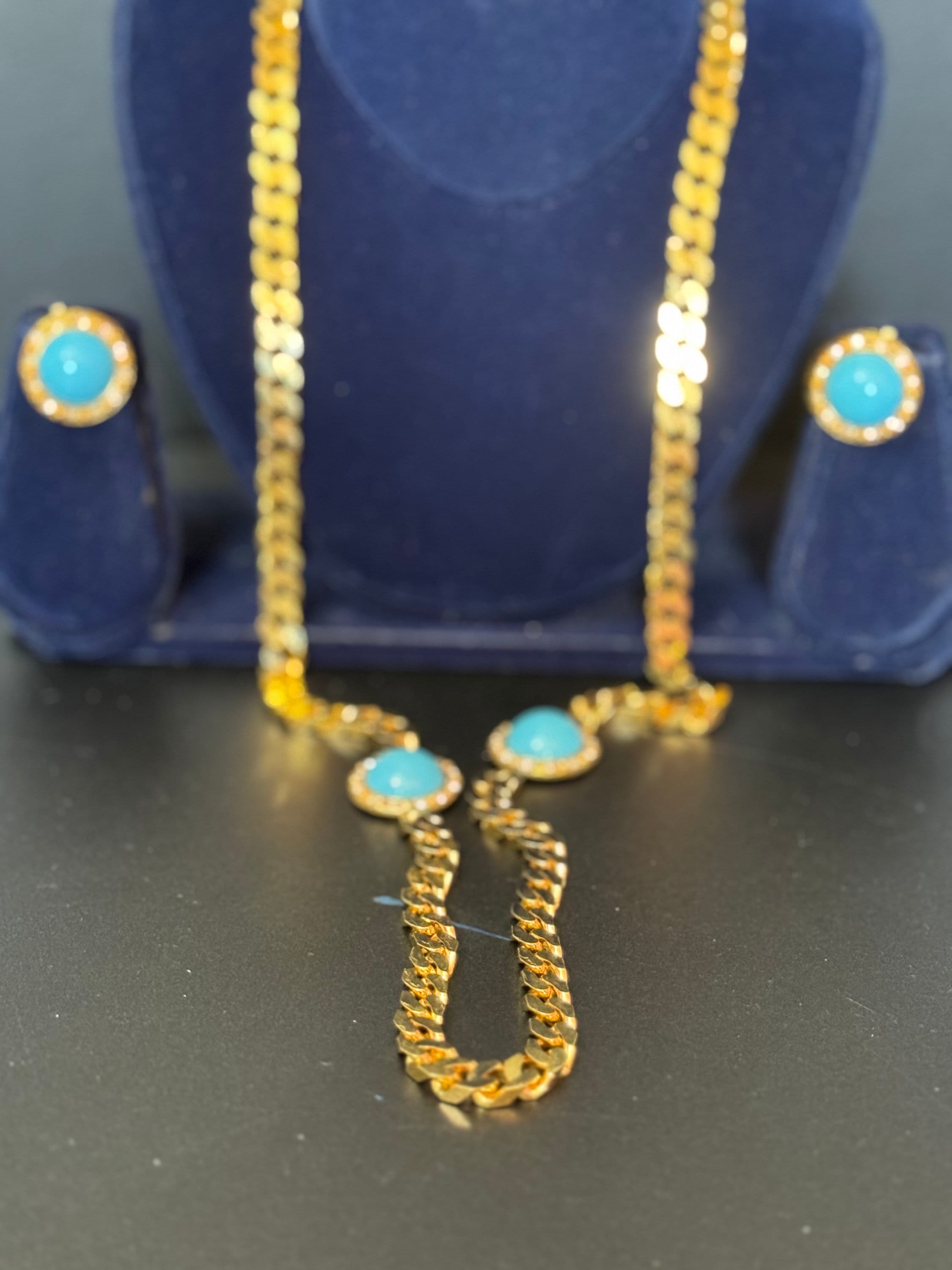 Vintage turquoise blue cabochon clear genuine Swarovski crystal gold tone round rhinestone station necklace and clip on earrings