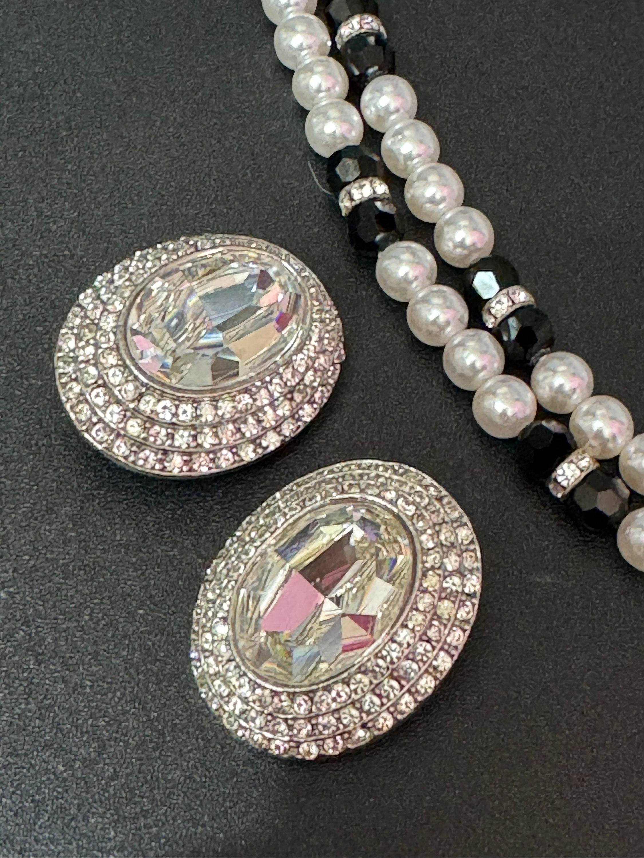Vintage clear Swarovski crystal silver tone black and faux acrylic pearl necklace and matching clip on earrings jewellery set