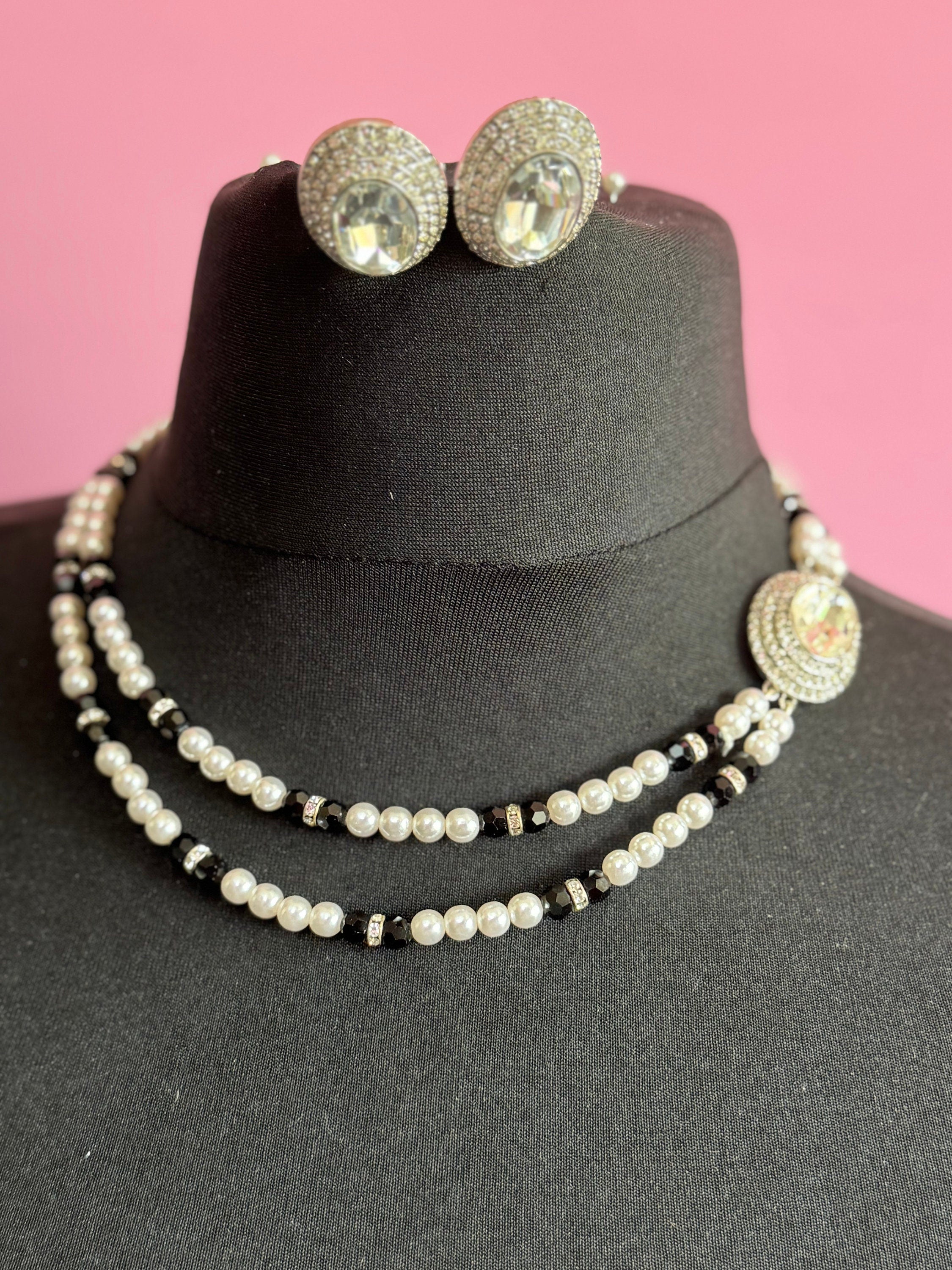 Vintage clear Swarovski crystal silver tone black and faux acrylic pearl necklace and matching clip on earrings jewellery set