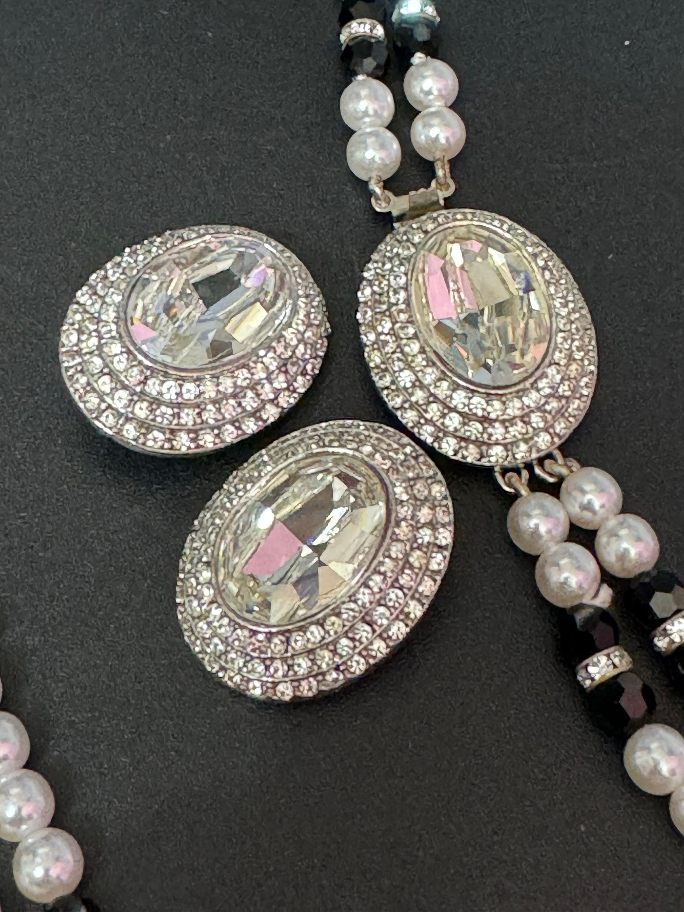 Vintage clear Swarovski crystal silver tone black and faux acrylic pearl necklace and matching clip on earrings jewellery set
