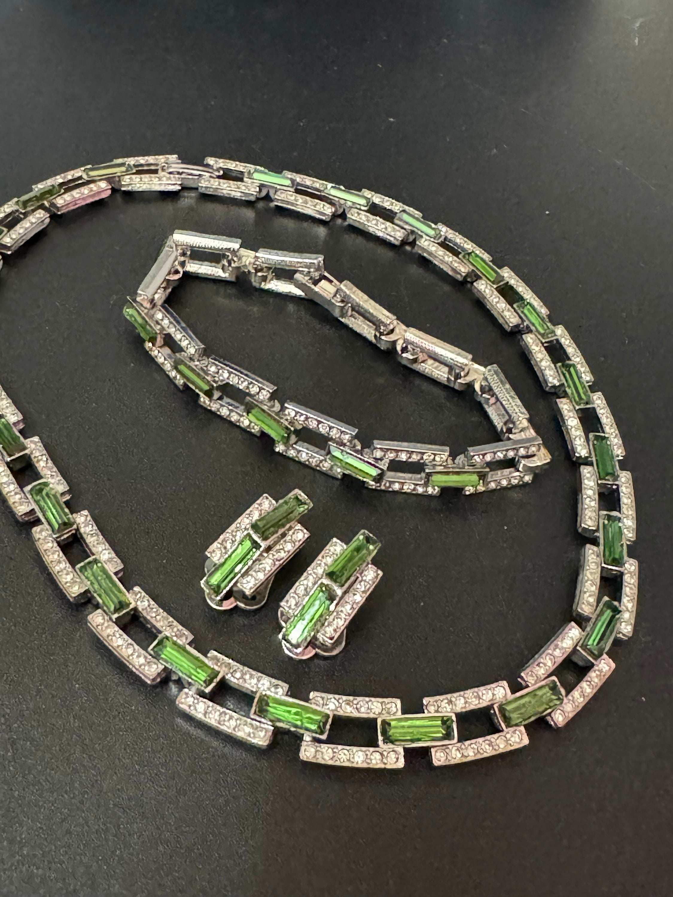 Vintage emerald green tourmaline clear genuine Swarovski baguette crystal silver tone geometric necklace bracelet & clip on earrings set