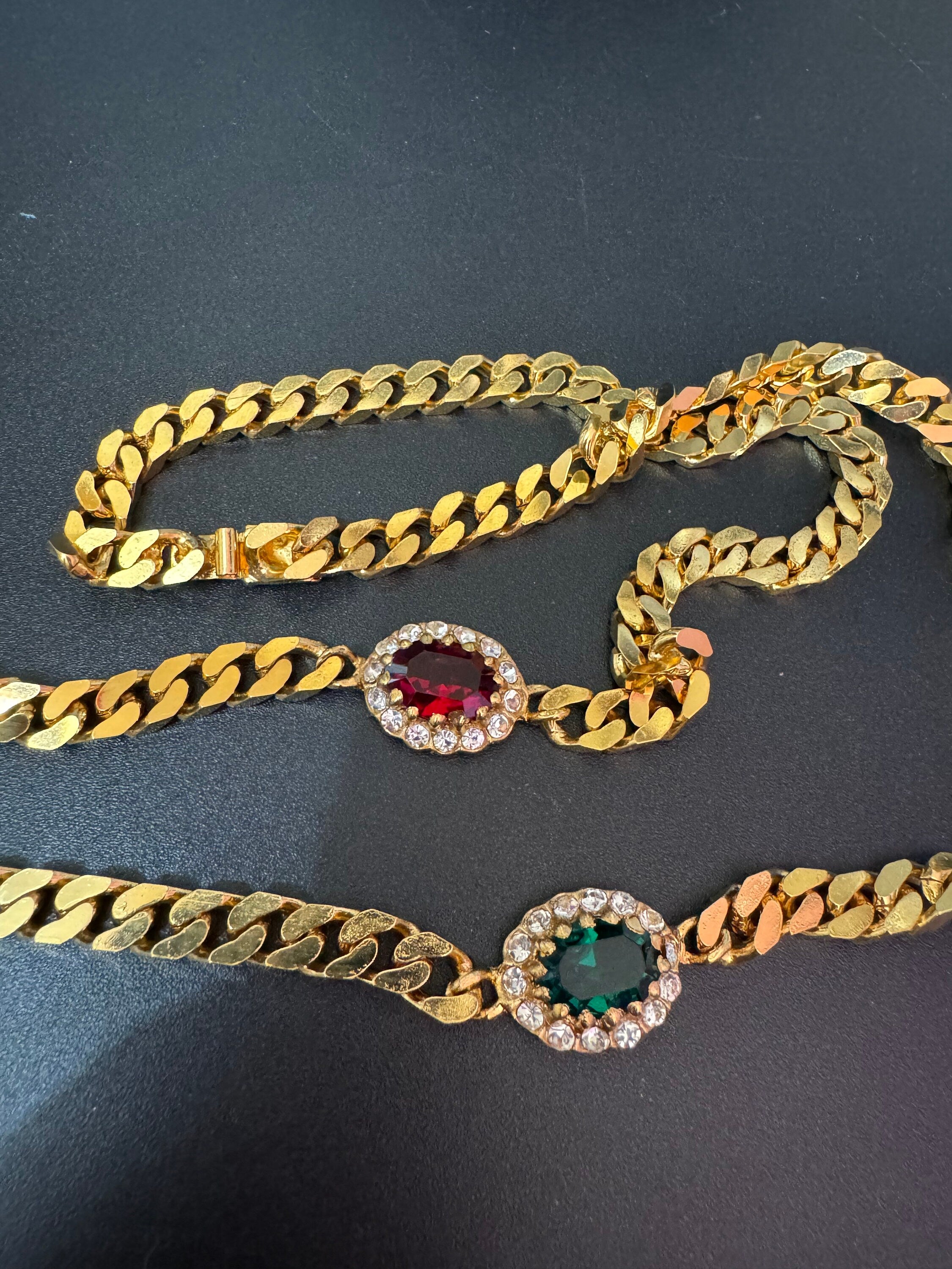 Vintage emerald green , ruby and clear genuine Swarovski crystal long gold tone chain station necklace 80cm