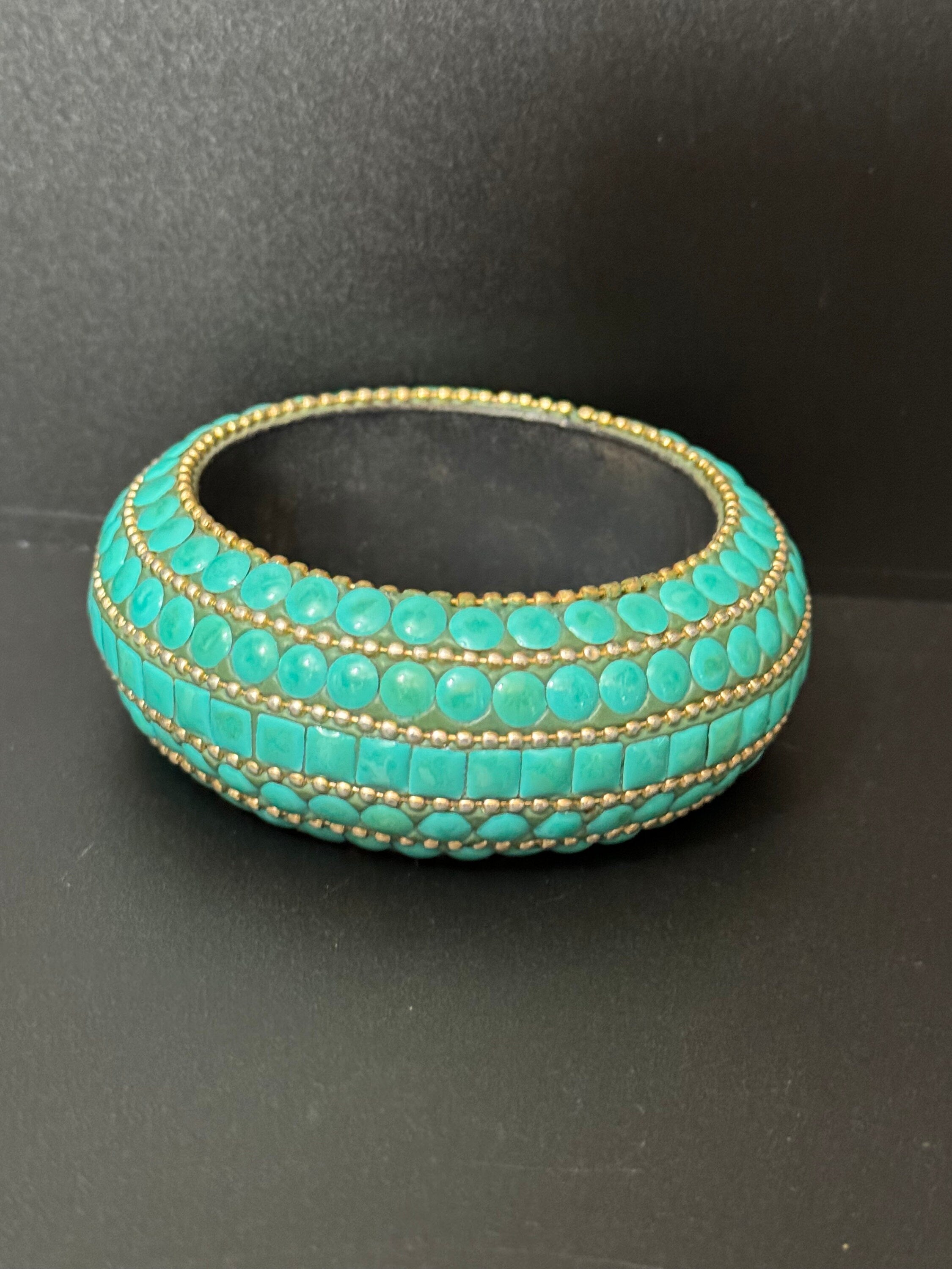 Vintage retro plain turquoise blue and silver metal acrylic plastic bangle bracelet 18mm
