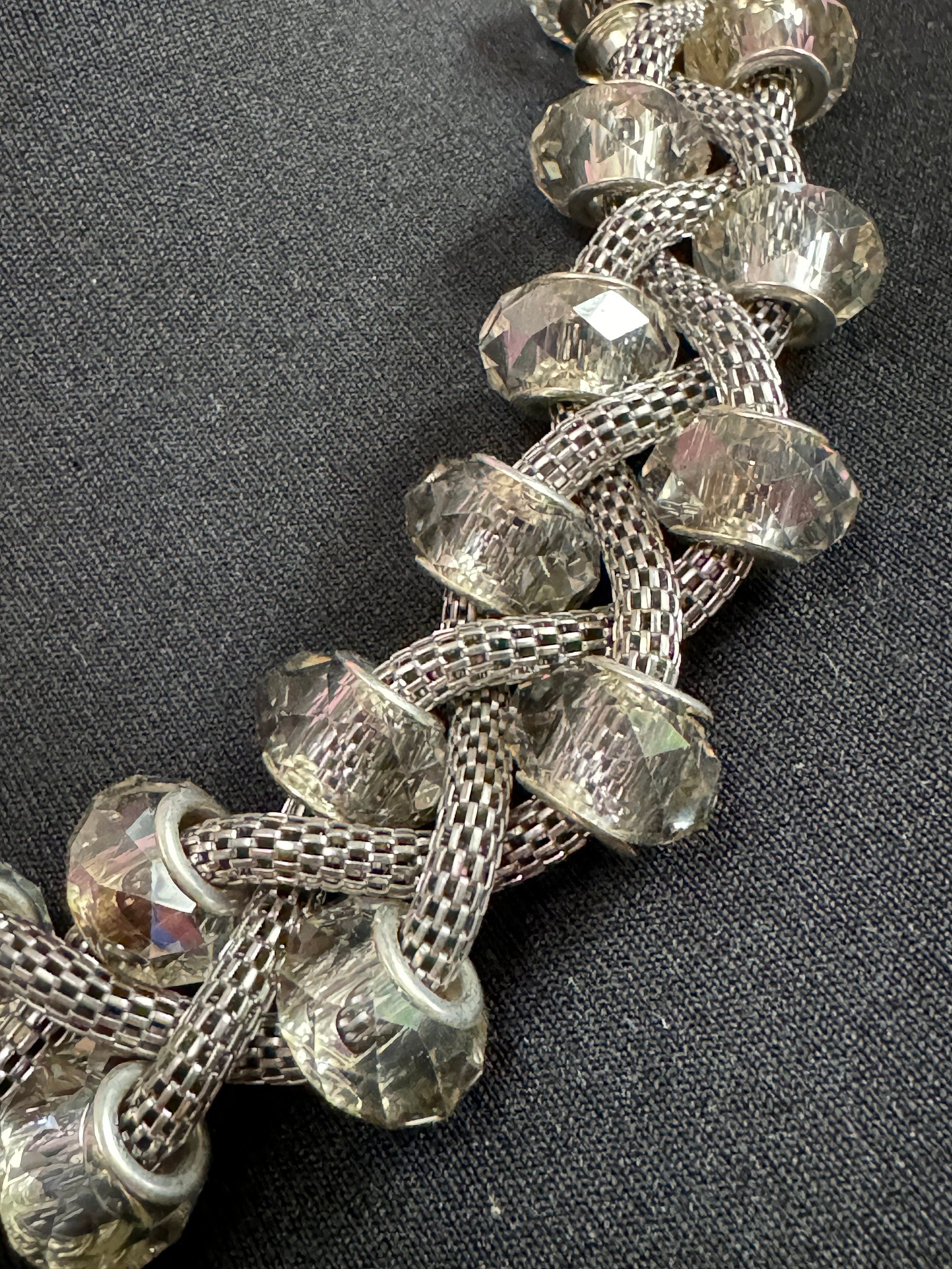modernist retro dark silver tone mesh chunky clear glass rondelle beaded collar necklace 50-56cm