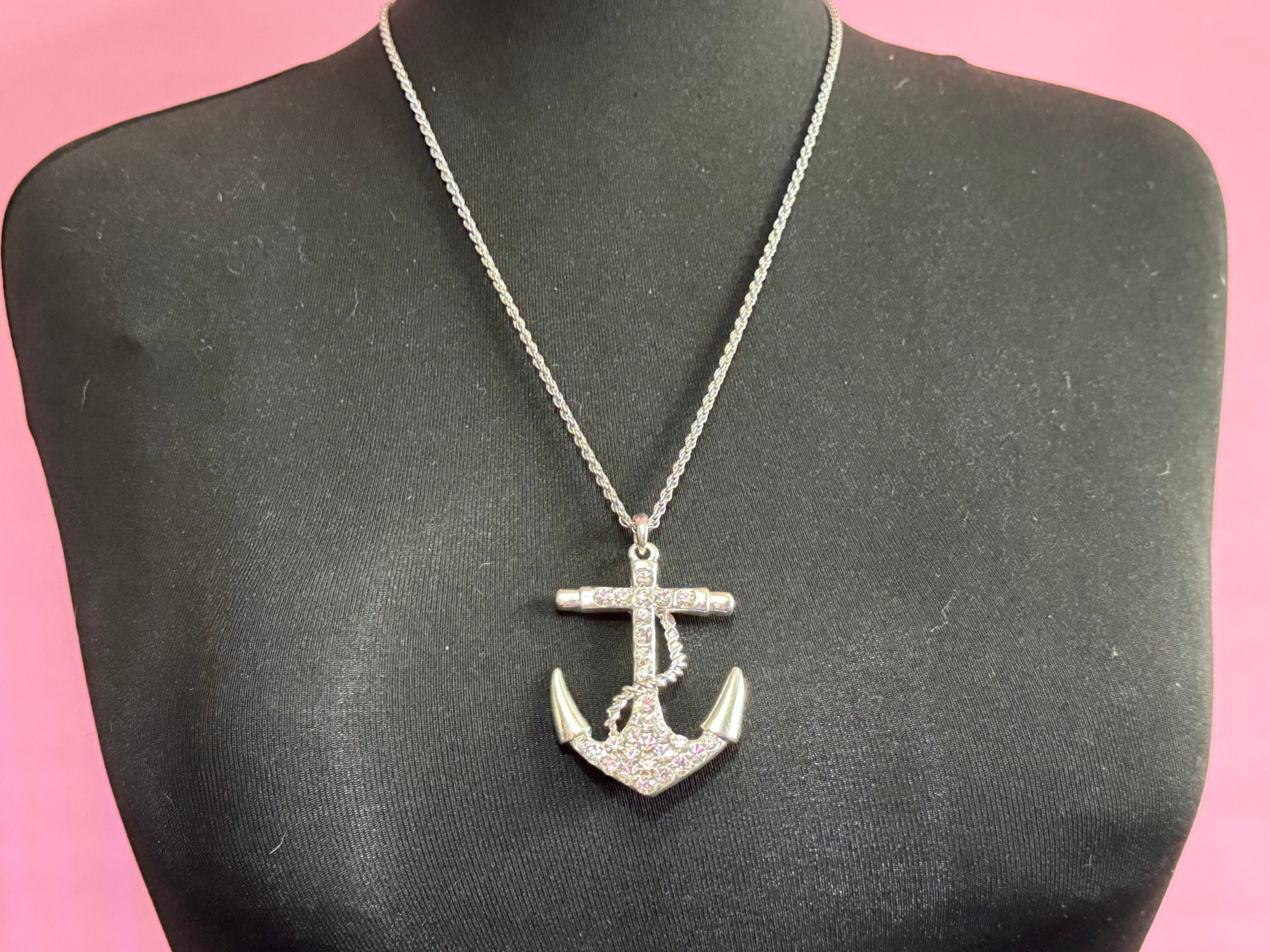 retro silver tone diamanté crystal large nautical anchor chain link necklace 1990s 2000s