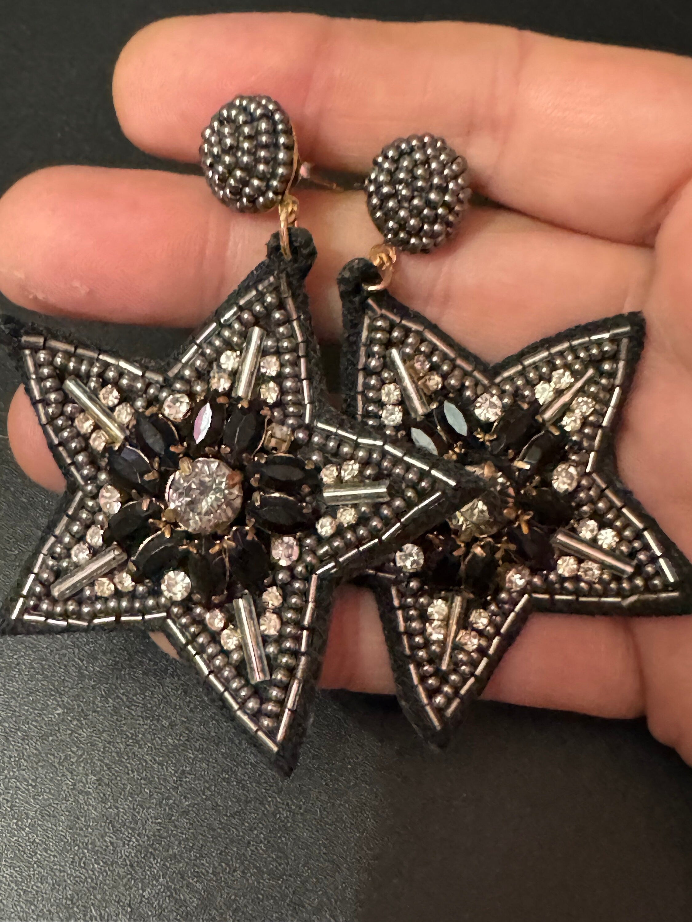 retro black beaded diamanté oversized star earrings pierced ears silver tone 8cm