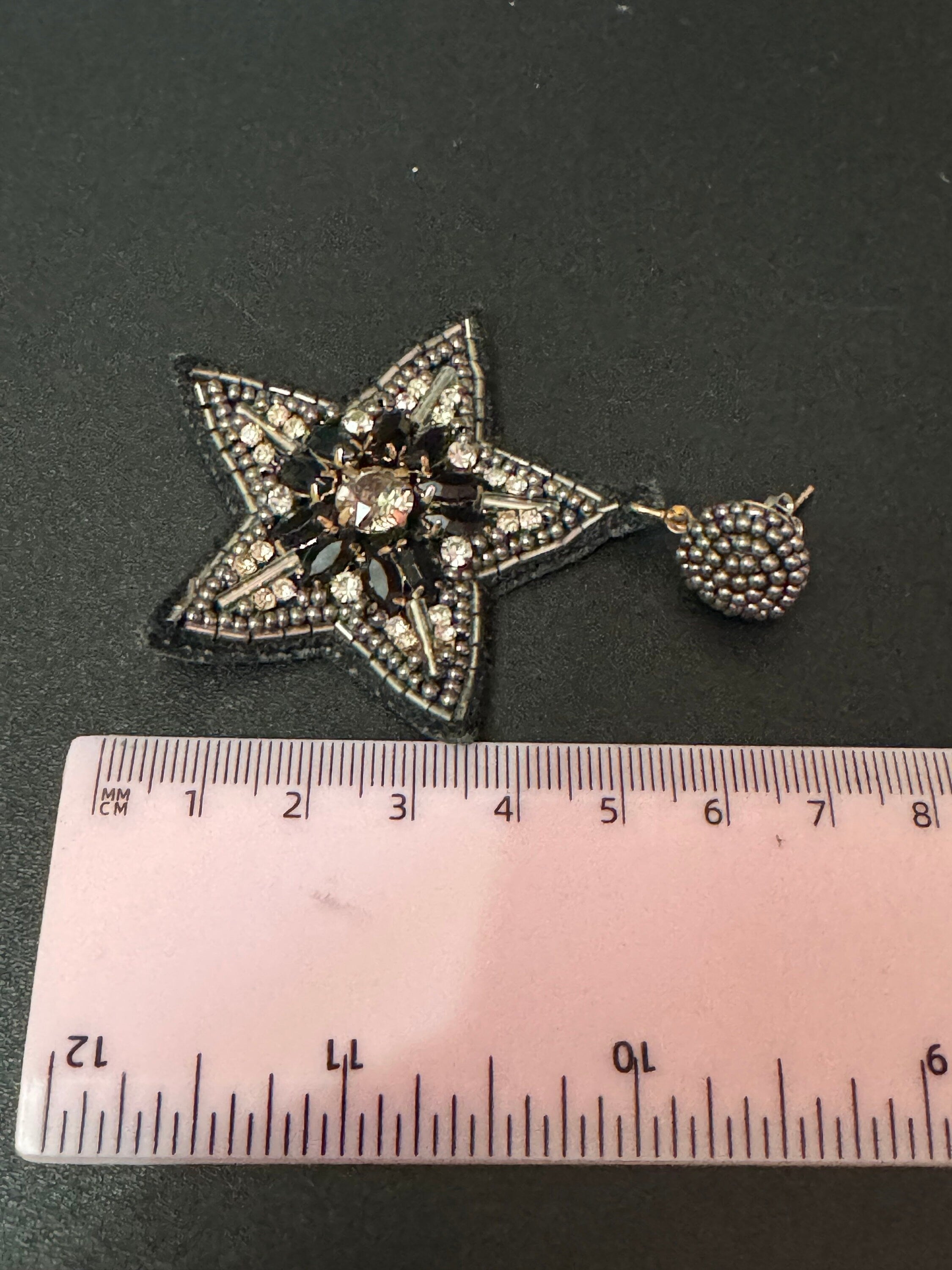 retro black beaded diamanté oversized star earrings pierced ears silver tone 8cm