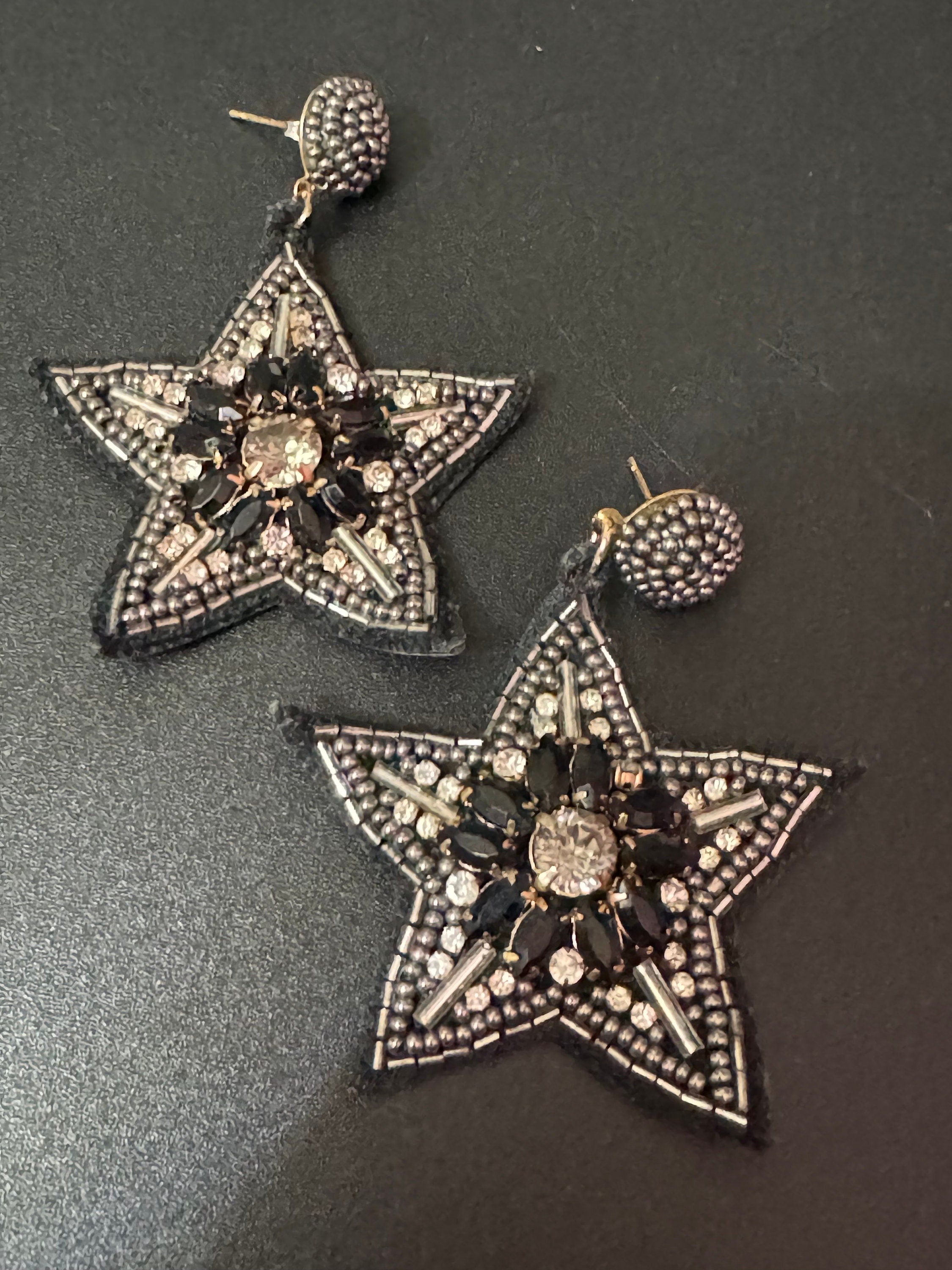 retro black beaded diamanté oversized star earrings pierced ears silver tone 8cm