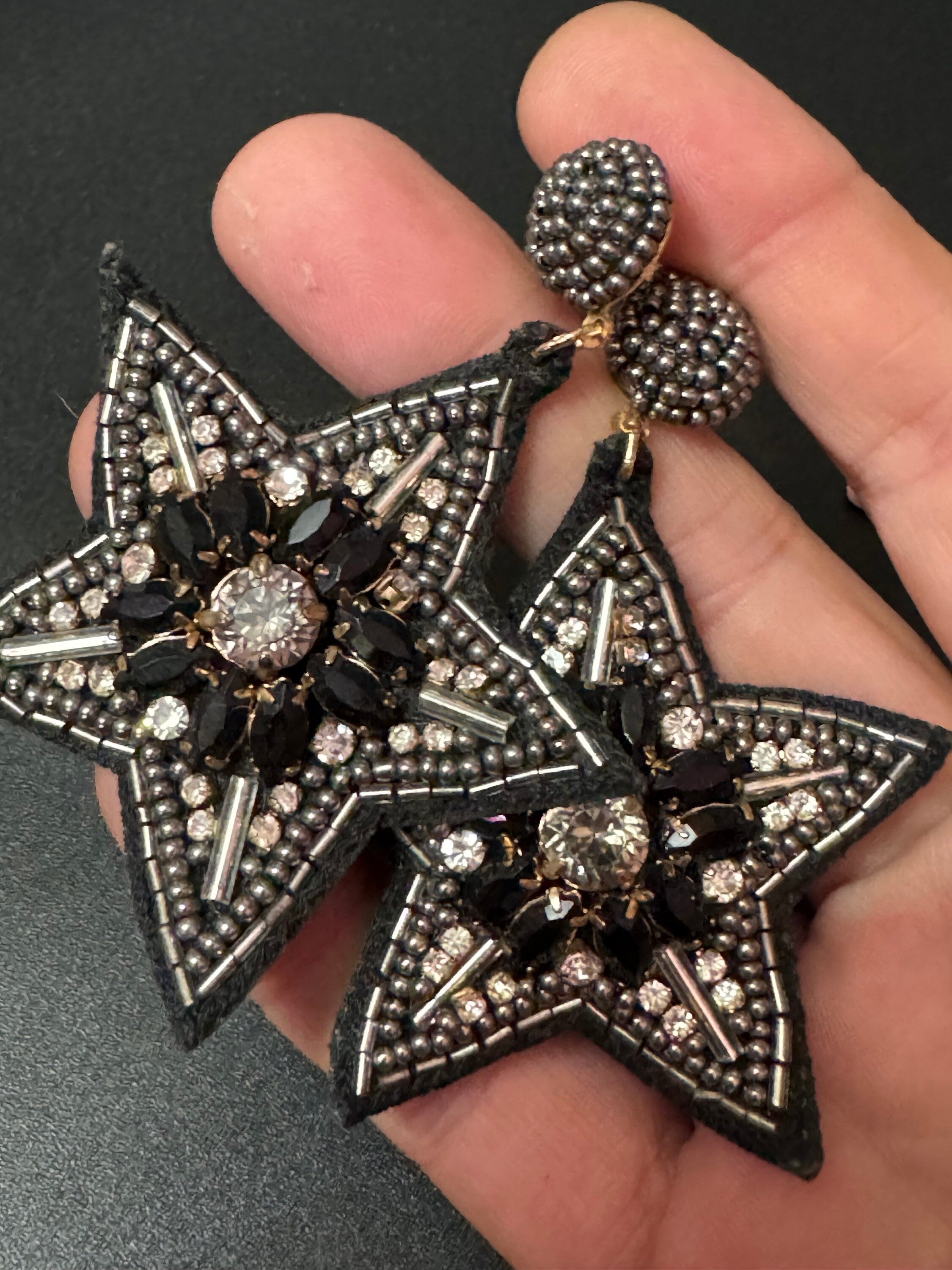 retro black beaded diamanté oversized star earrings pierced ears silver tone 8cm