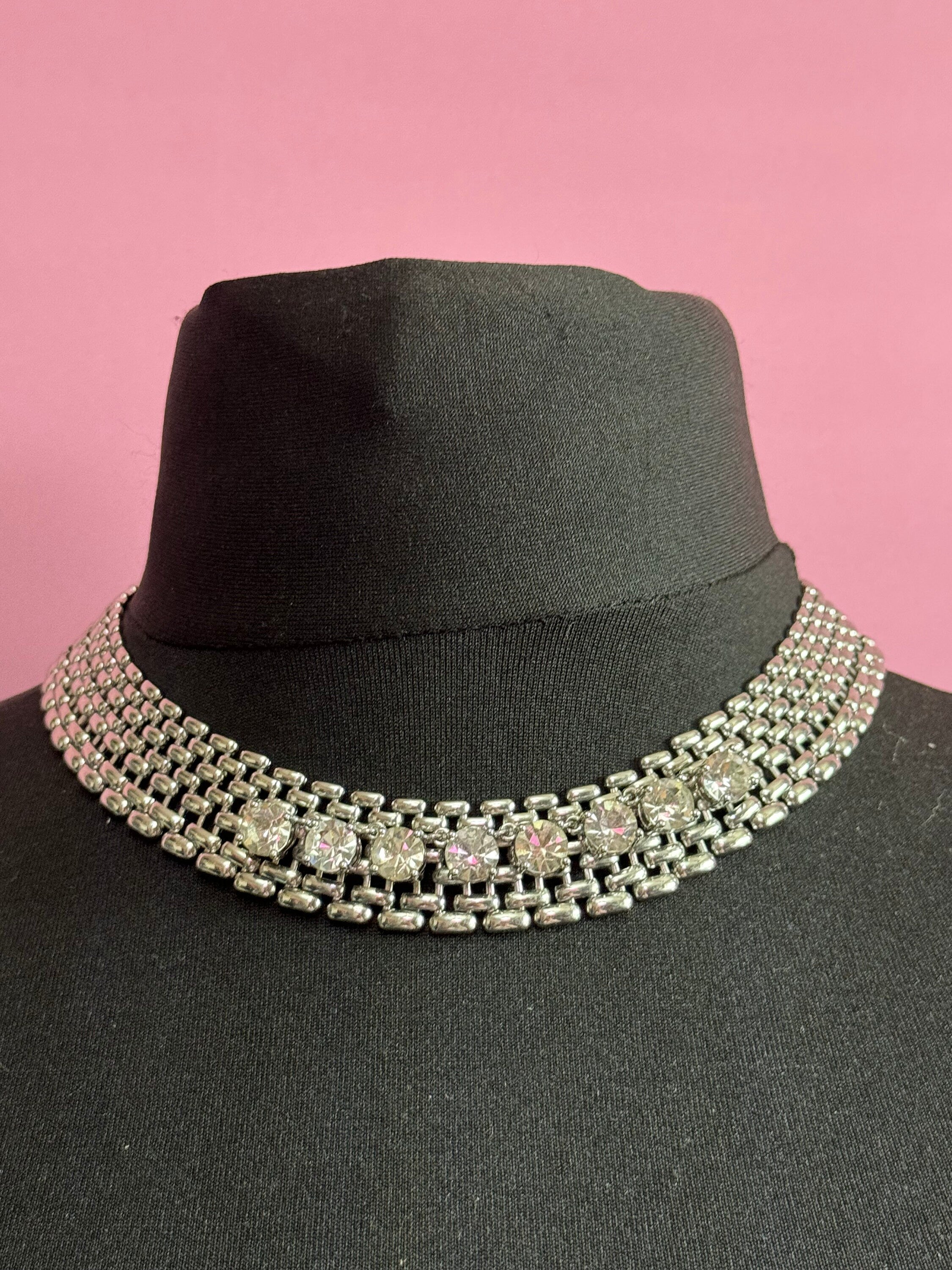 Signed Ann Harvey retro modernist silver tone clear crystal diamanté Wide chain panther brick Link Statement Choker Collar necklace