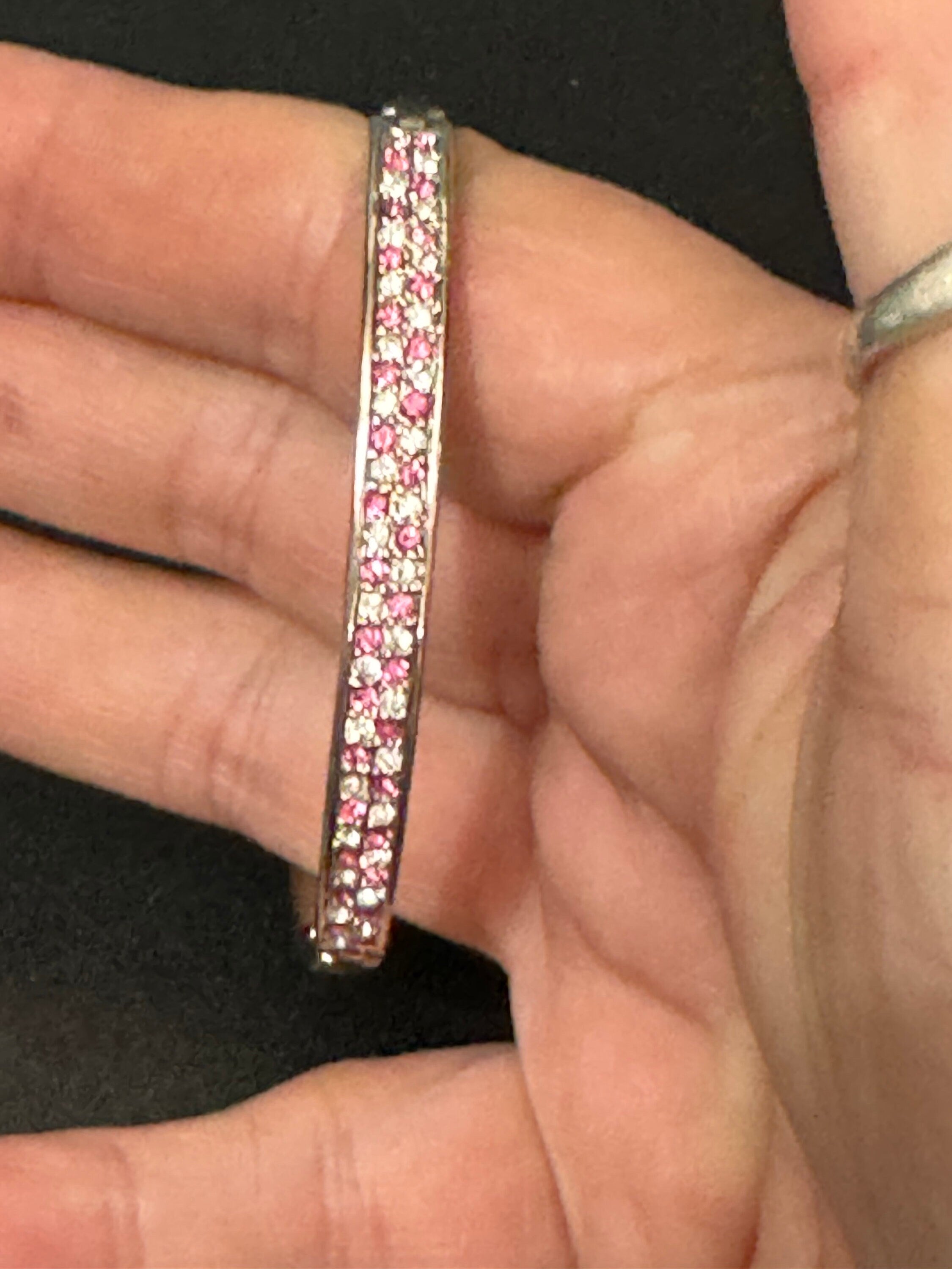 Vintage slim silver tone hinged bangle bracelet with pink glass rhinestones crystals