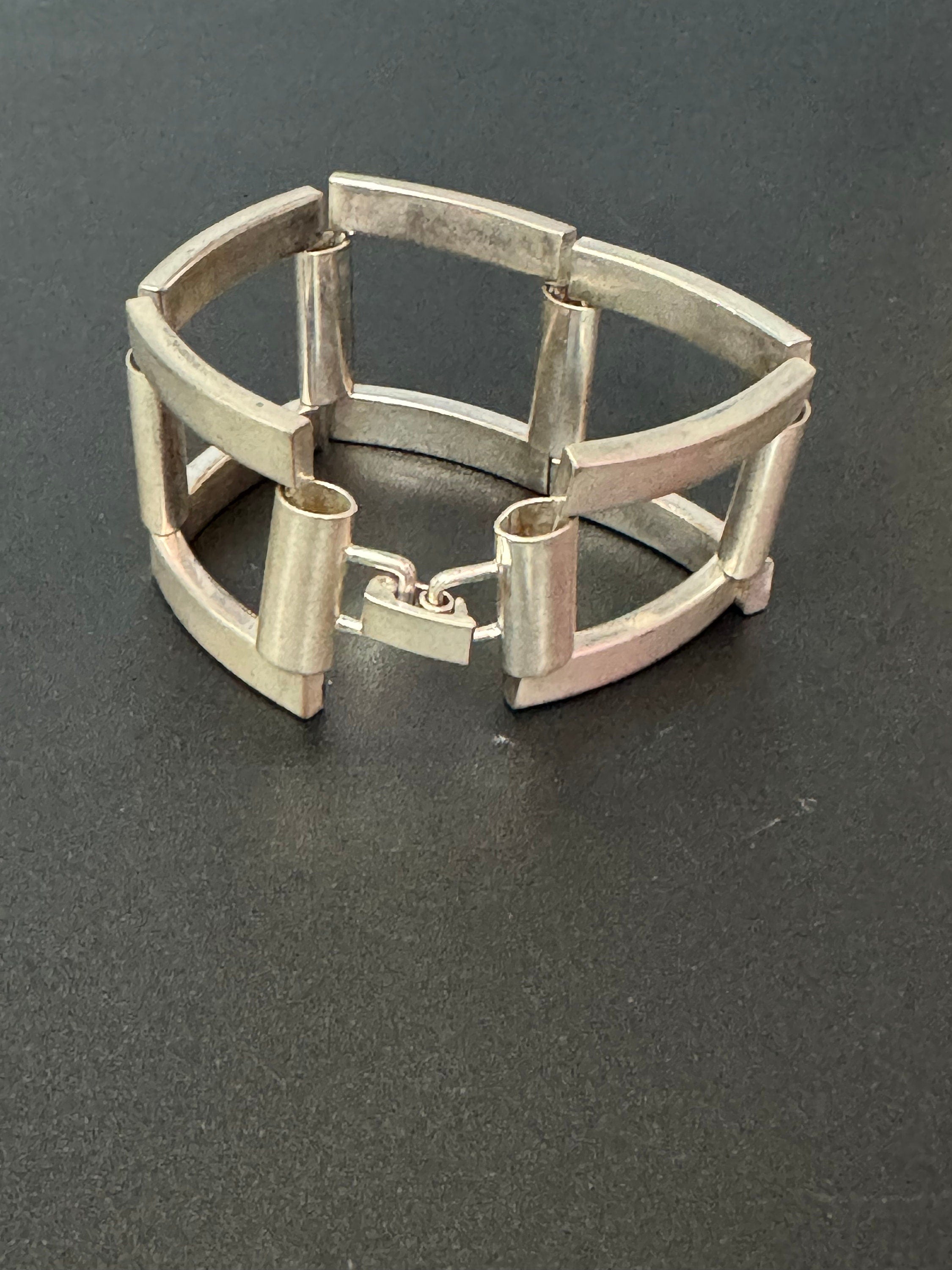 vintage silver tone steel wide brickwork panther link modernist bracelet