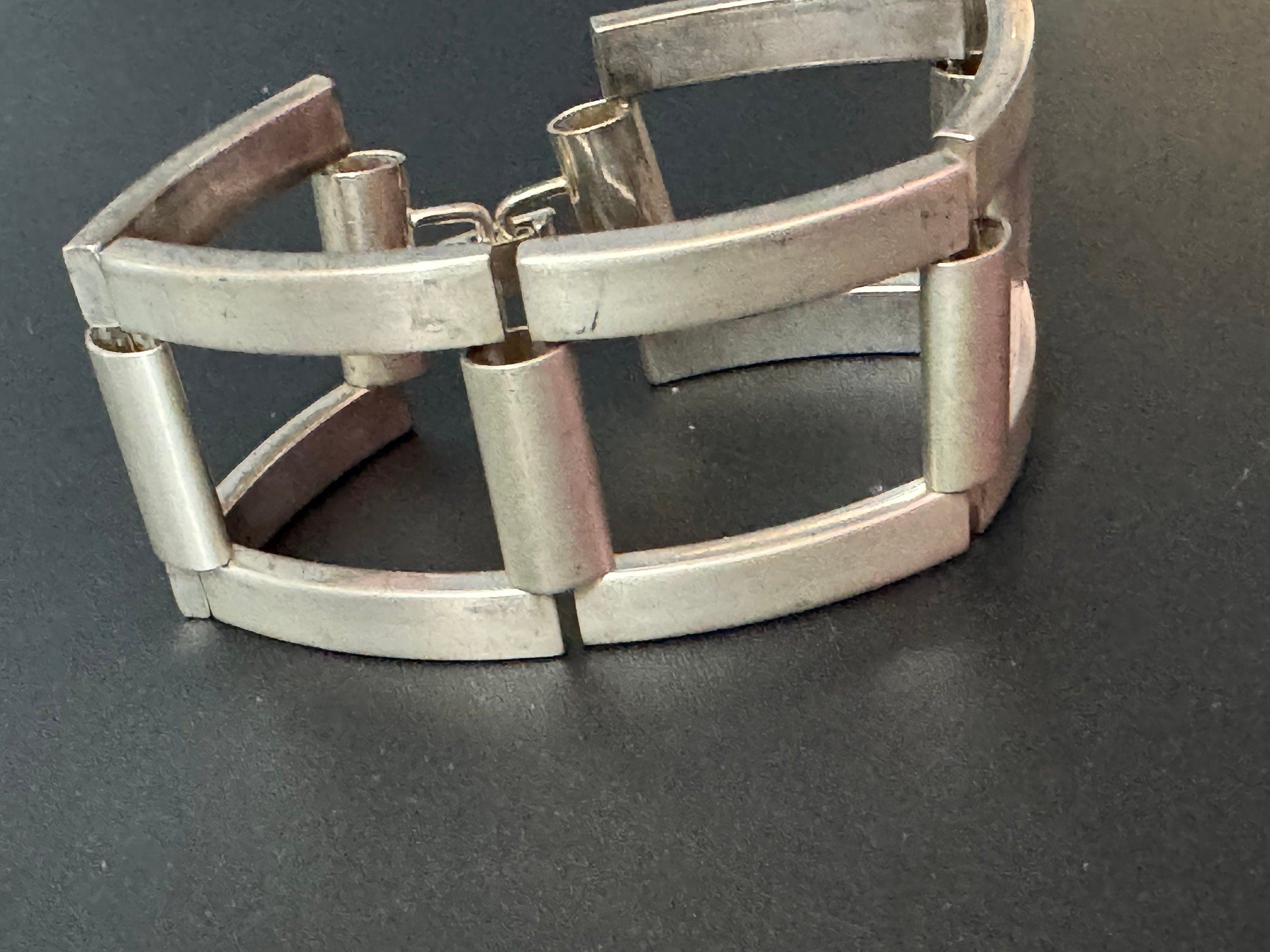 vintage silver tone steel wide brickwork panther link modernist bracelet