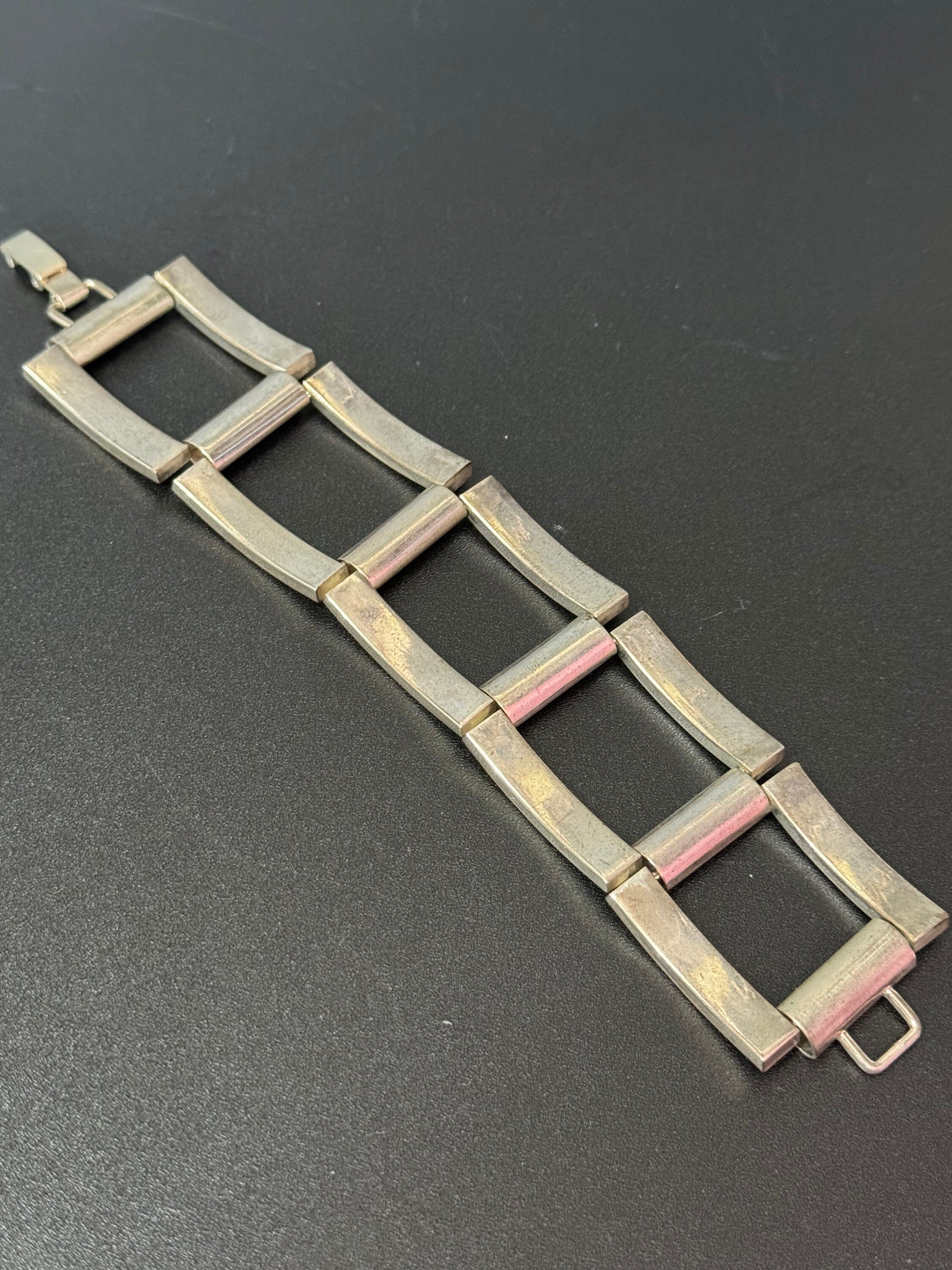 vintage silver tone steel wide brickwork panther link modernist bracelet
