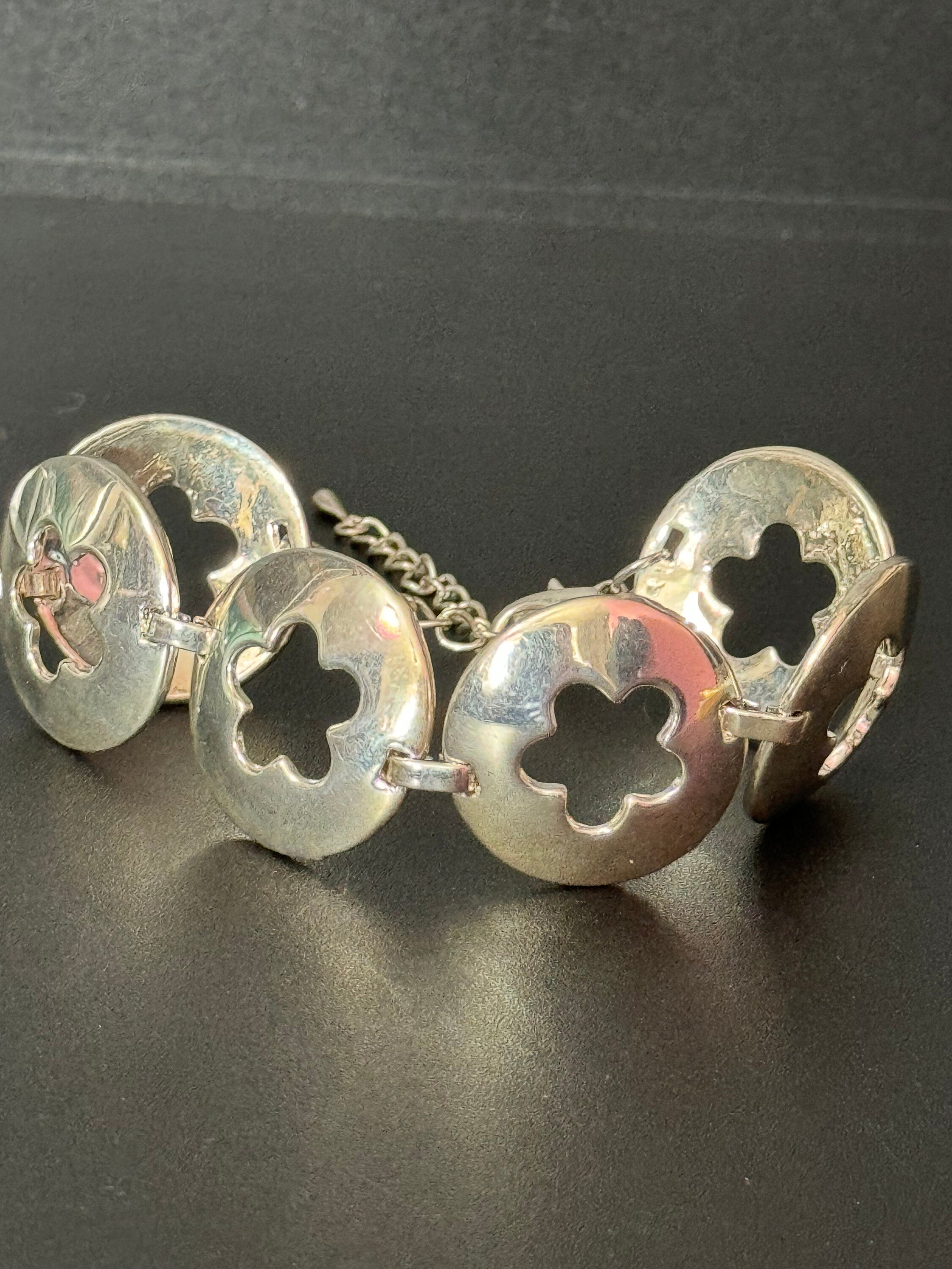 Vintage wide interlinking flower circles panel link silver tone bracelet modernist 20-25cm x 3cm