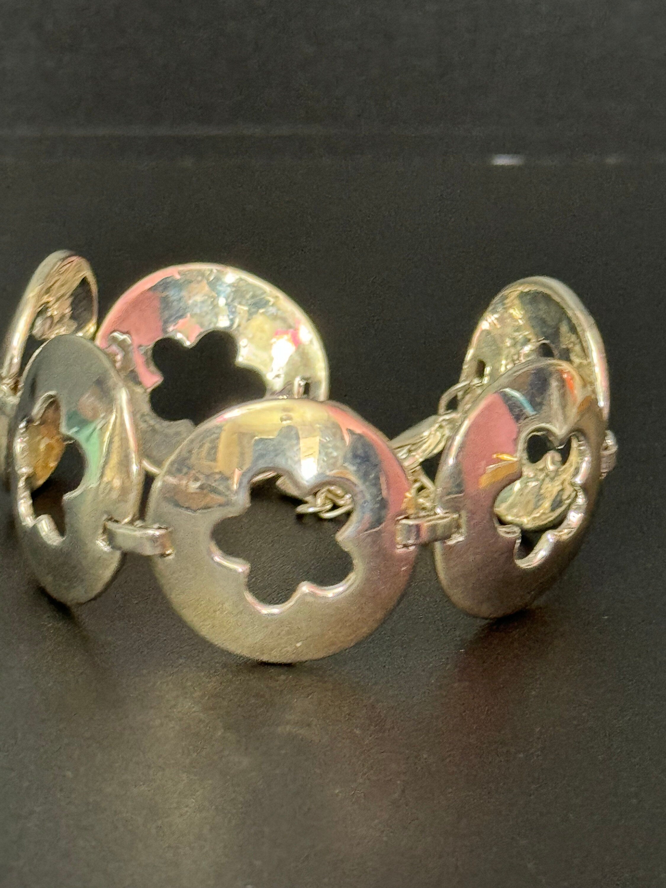 Vintage wide interlinking flower circles panel link silver tone bracelet modernist 20-25cm x 3cm