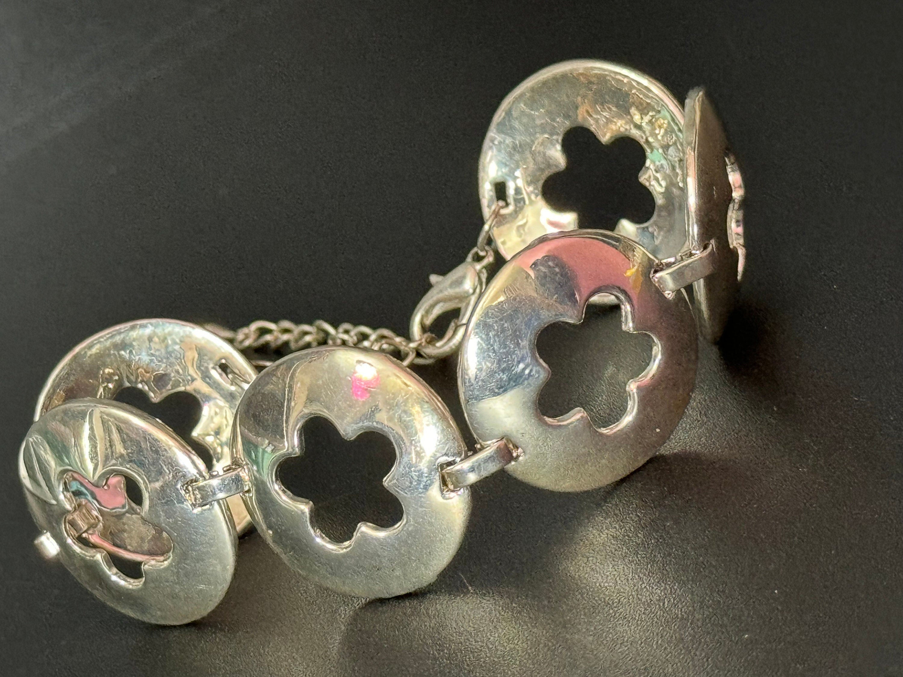 Vintage wide interlinking flower circles panel link silver tone bracelet modernist 20-25cm x 3cm