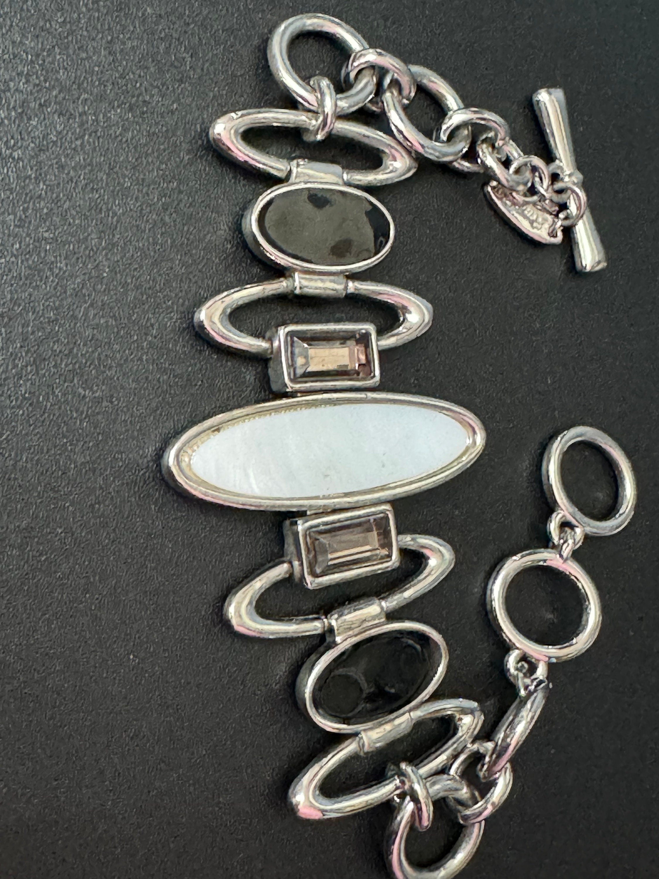 Retro modernist black and white panel link bracelet silver tone signed 20cm