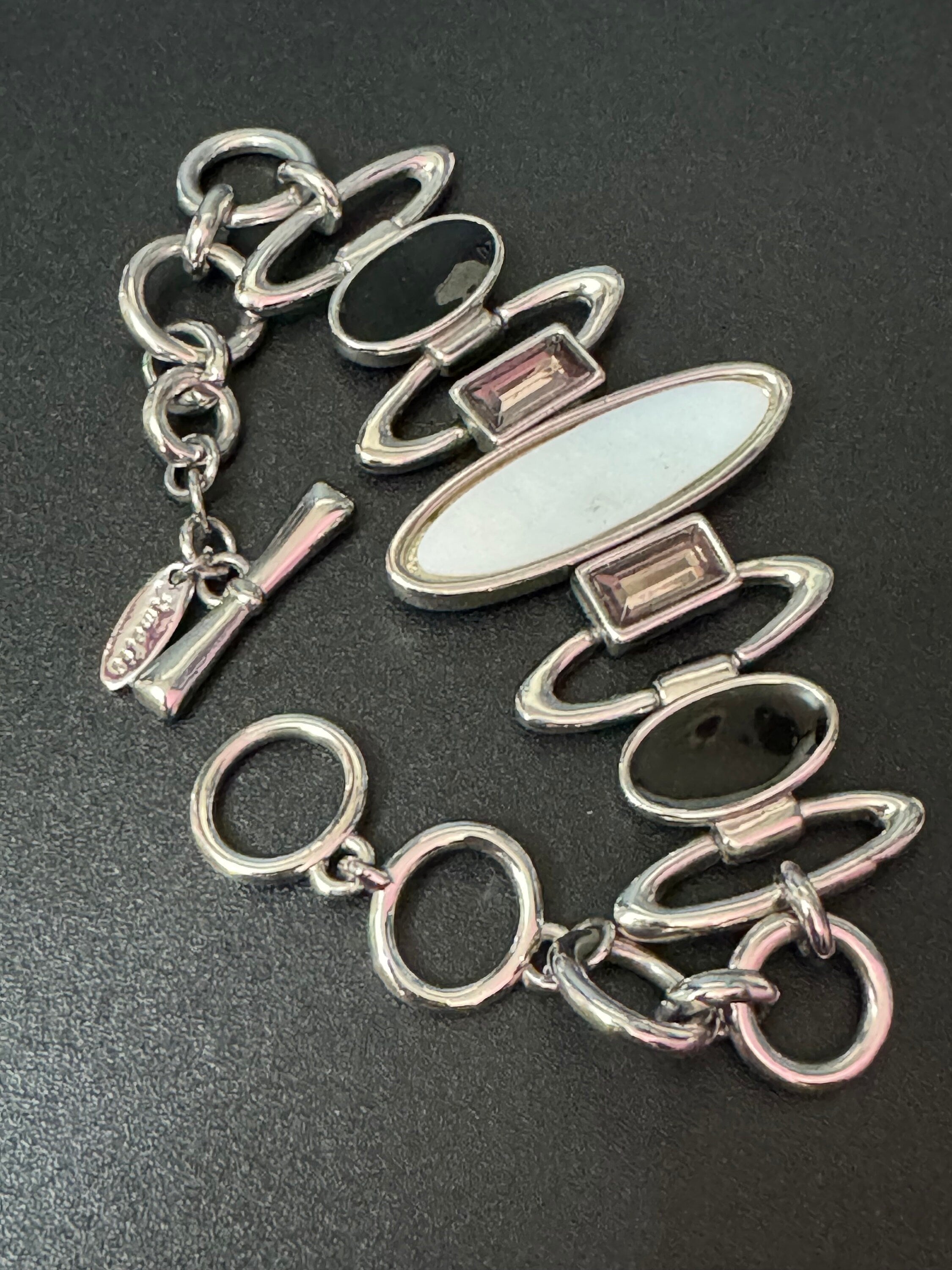 Retro modernist black and white panel link bracelet silver tone signed 20cm