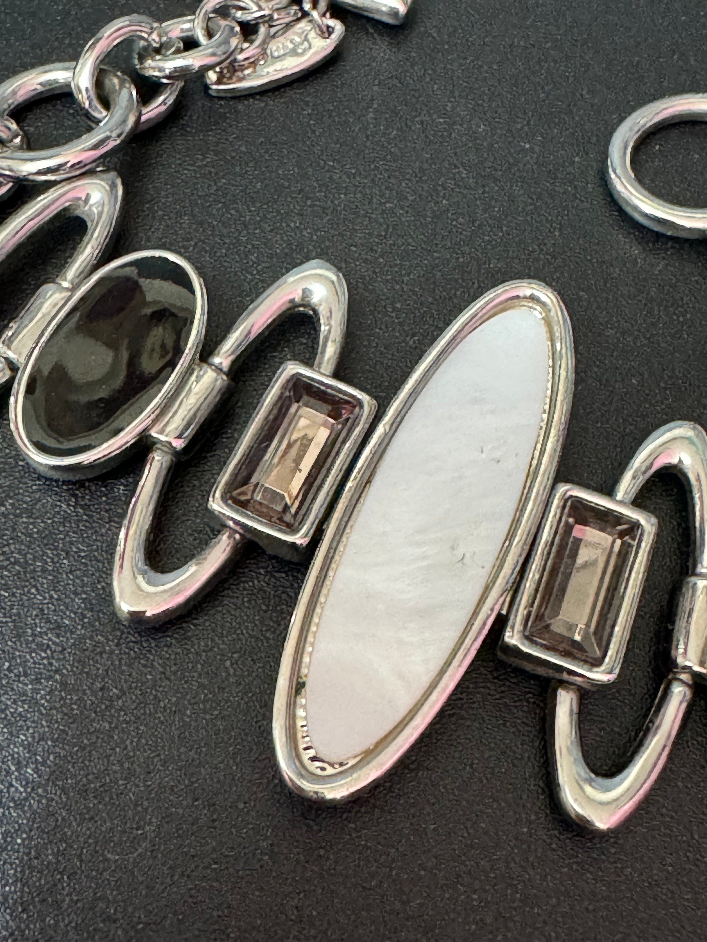 Retro modernist black and white panel link bracelet silver tone signed 20cm