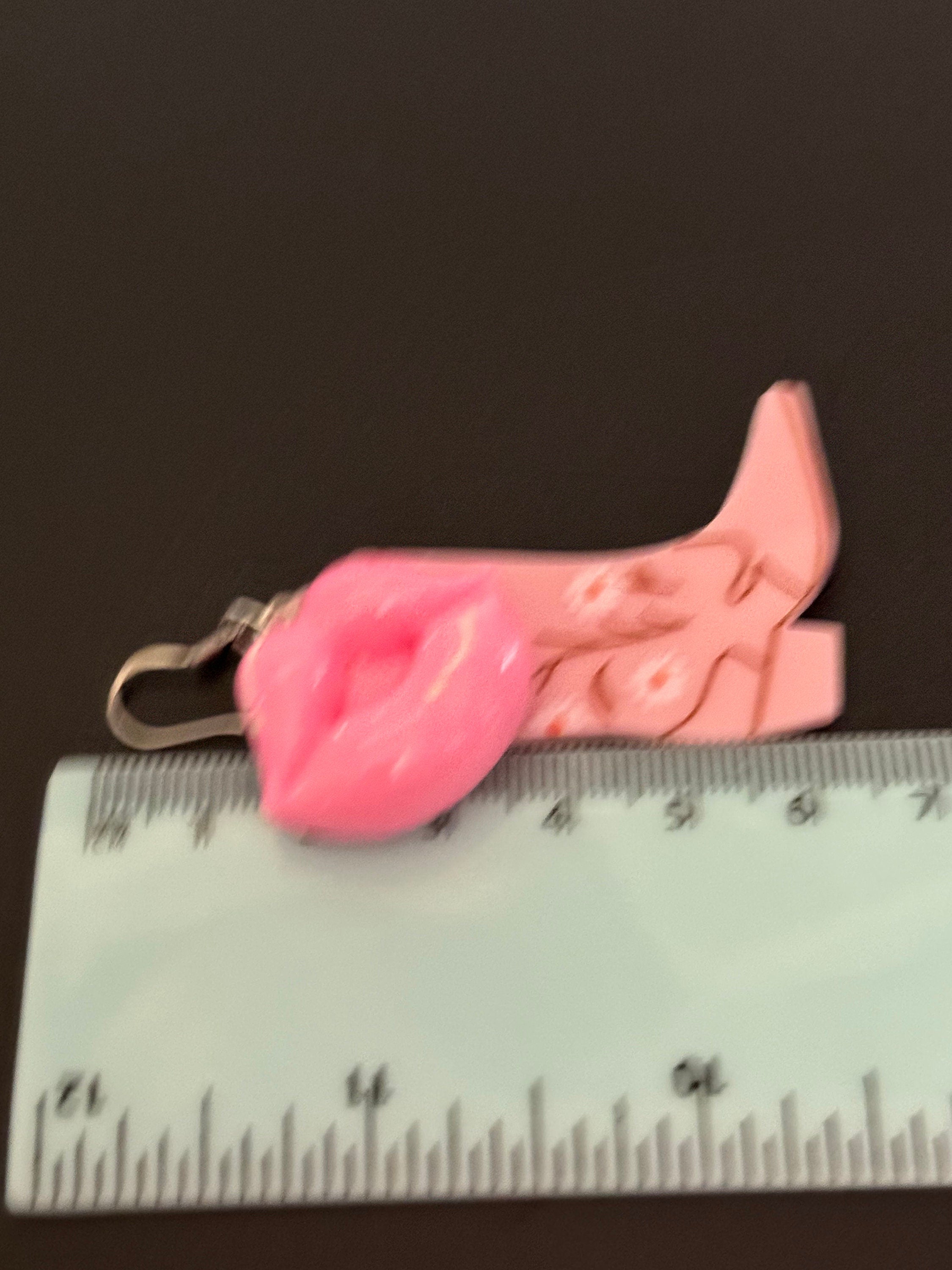 pink cowboy boot pink lips lipstick long dangly earrings gold tone dolly disco western jewellery