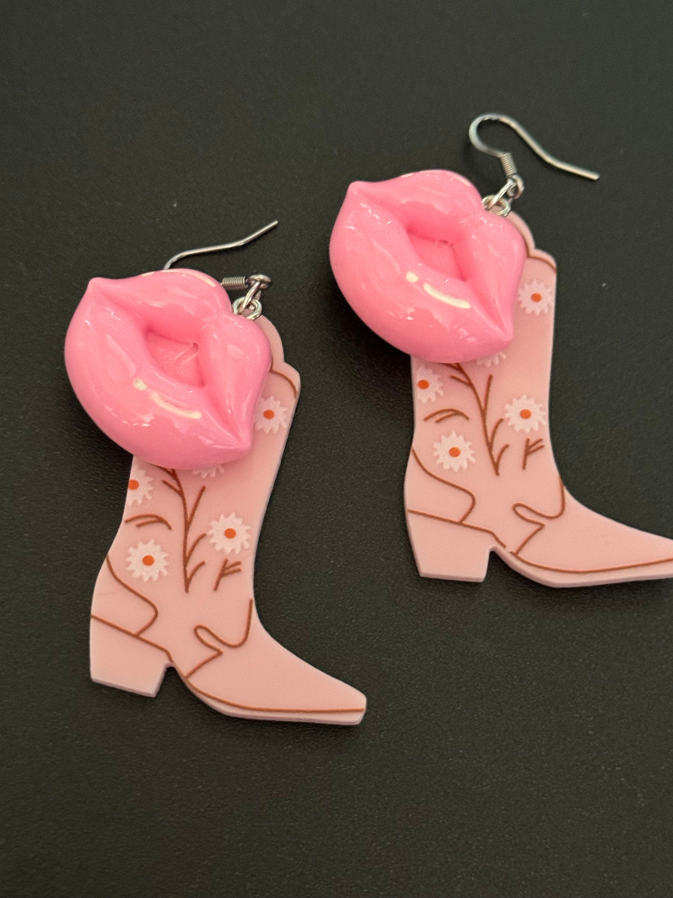 pink cowboy boot pink lips lipstick long dangly earrings gold tone dolly disco western jewellery