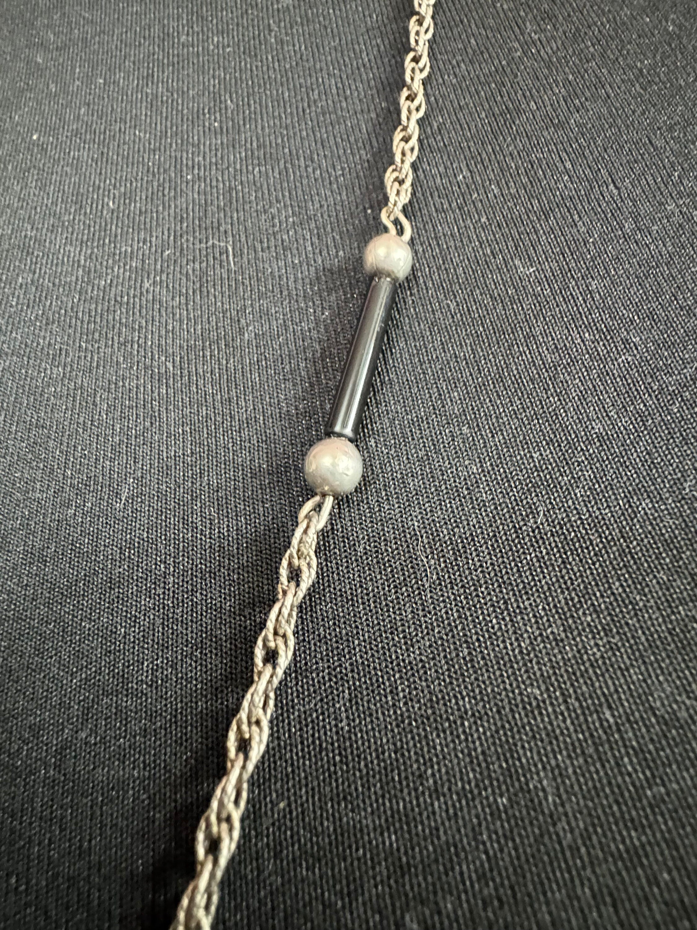 Vintage 1970s German 835 silver long rope chain black ball and glass bar beaded station necklace 21grams 32 inch