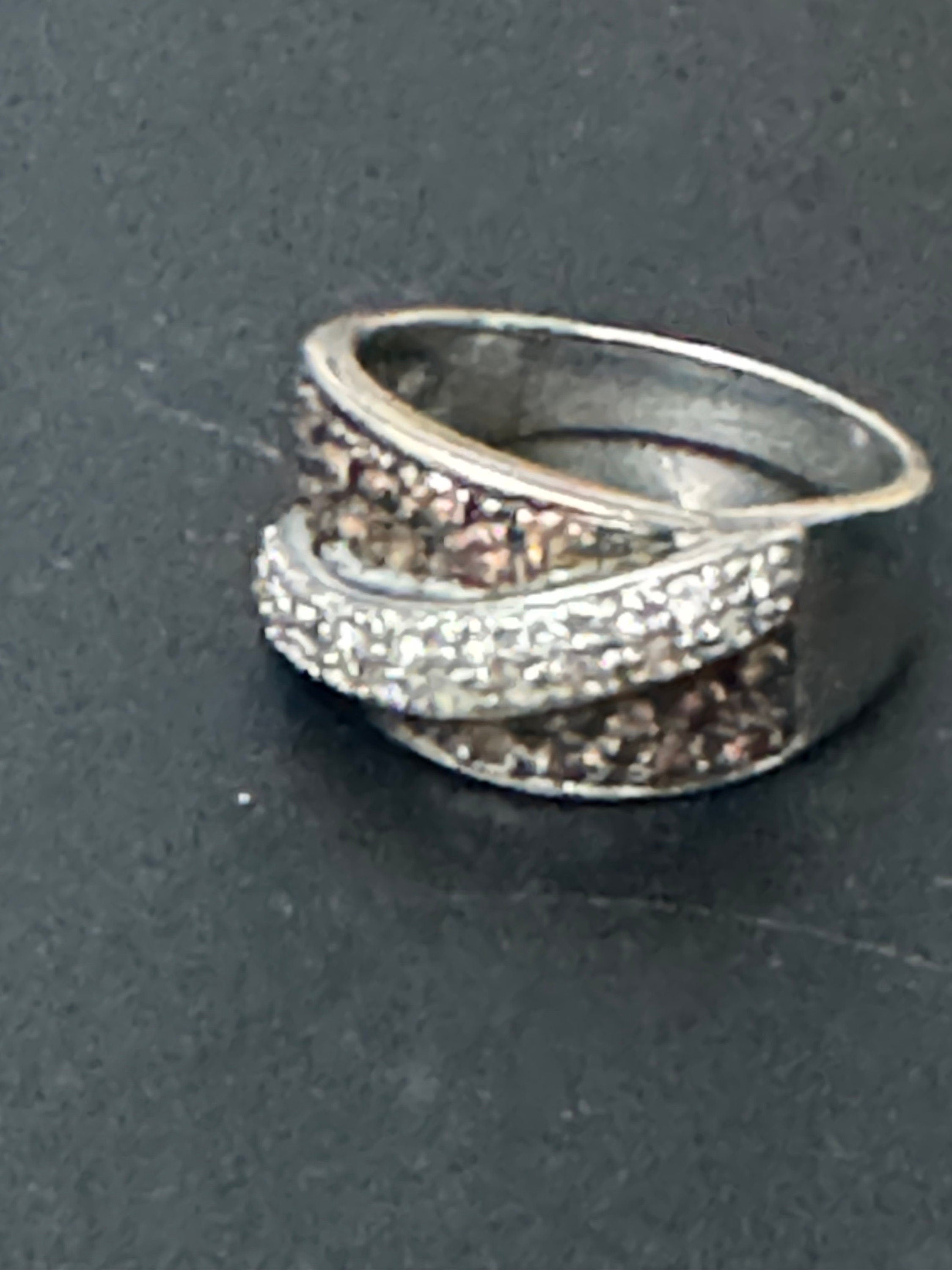 Vintage 925 sterling silver modernist brown diamanté wide band ring size T 6.5 grams