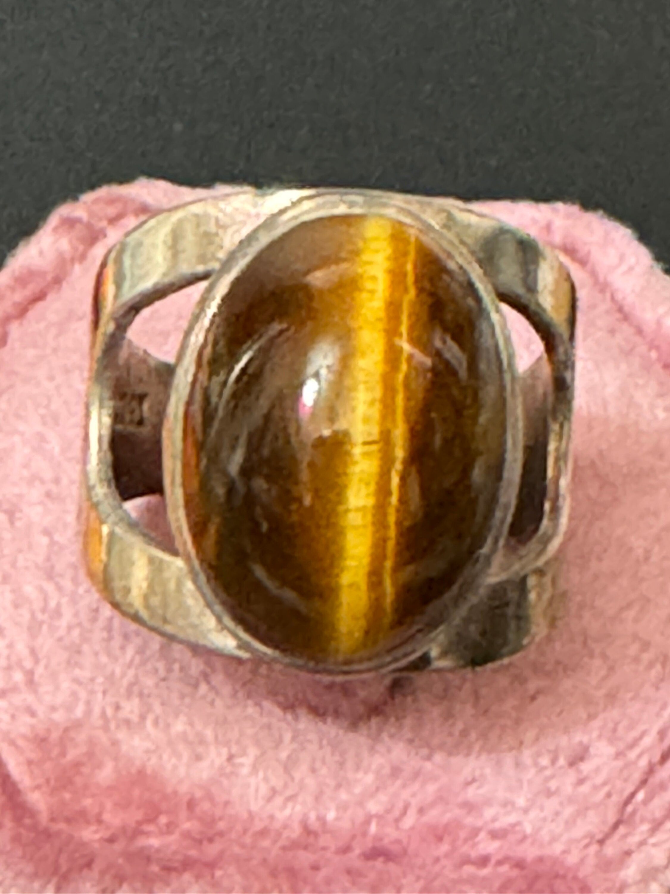 Size m n o p Vintage 925 sterling silver adjustable ring with oval tigers eye gemstone cabochon 1960s