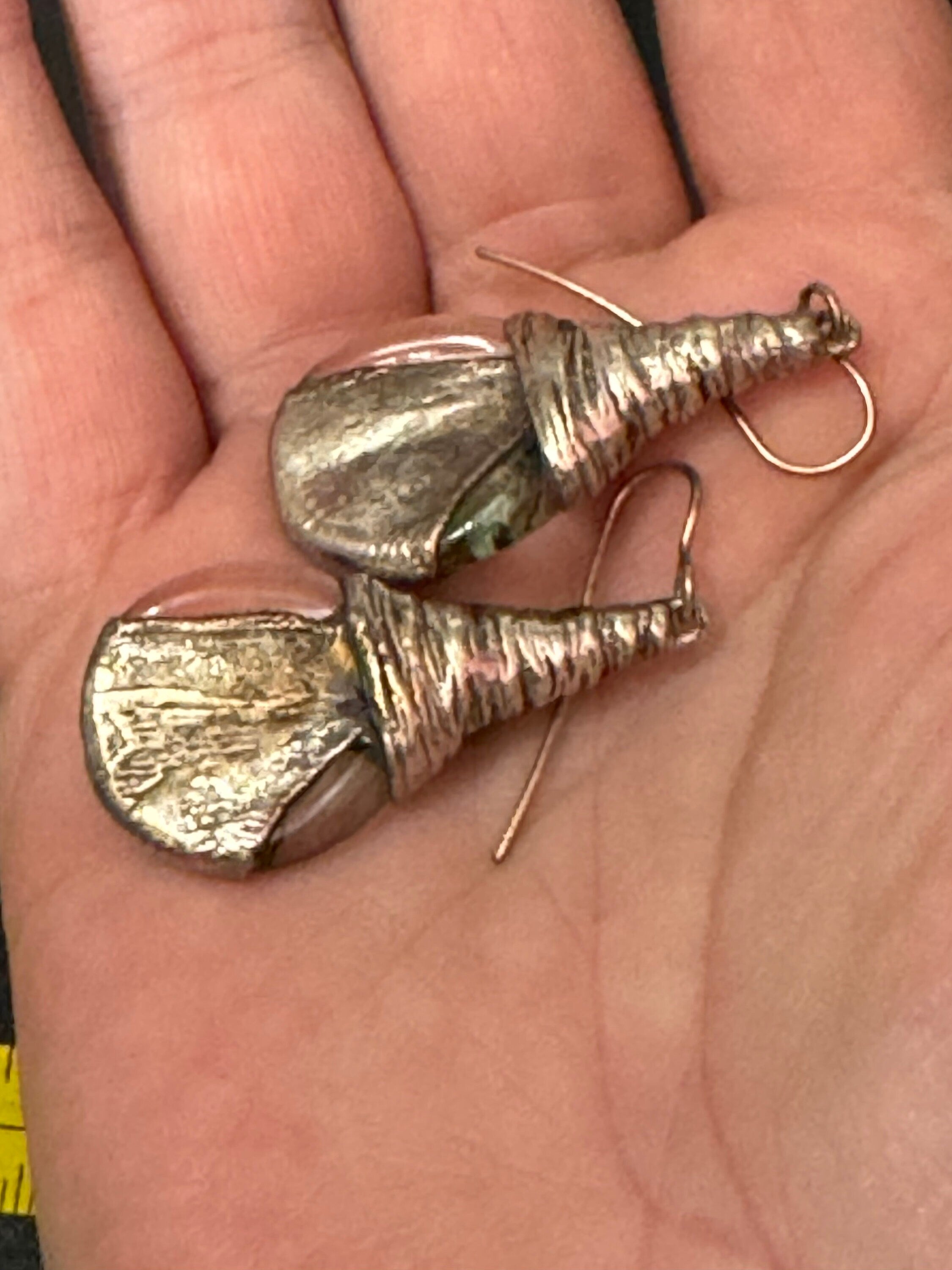 Vintage handmade artisan 925 sterling silver metallic dichloric glass teardrop long earrings pierced ears modernist