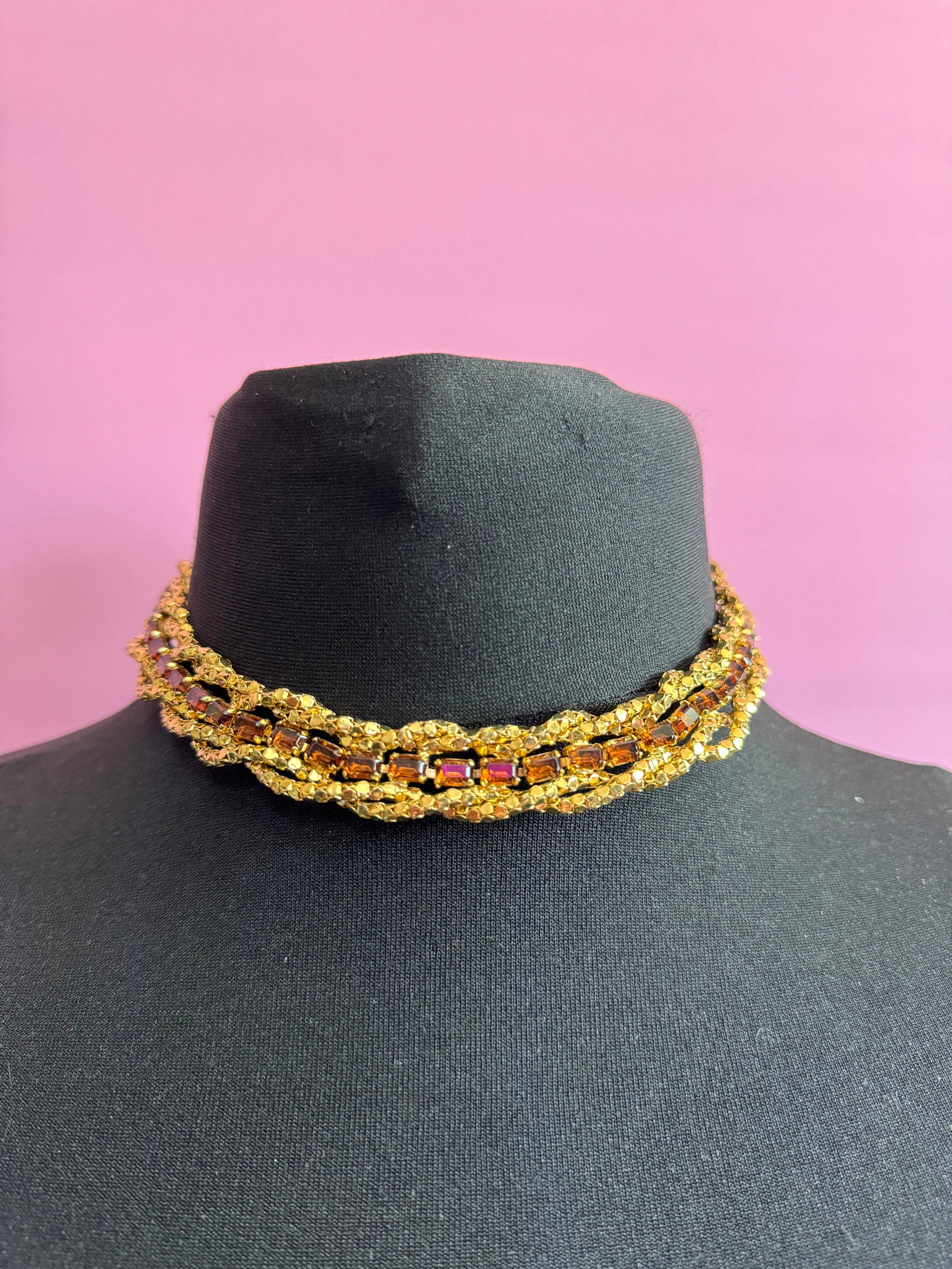 Vintage gold tone cognac brown glass diamanté paste mesh choker necklace 41cm fixed length