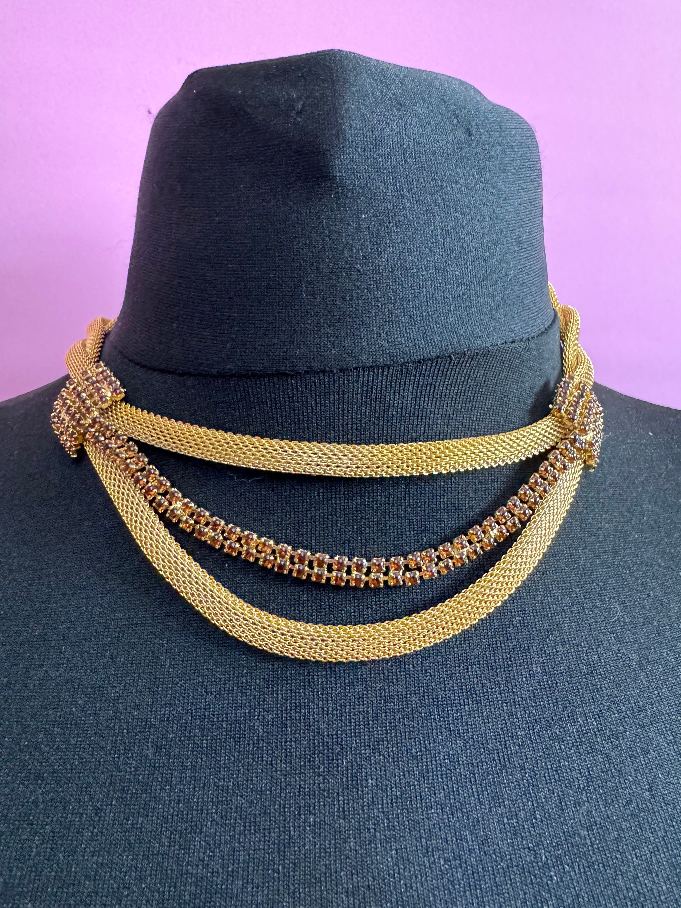 Vintage brown cognac glass diamanté rhinestone waterfall drop necklace gold tone 42-47cm