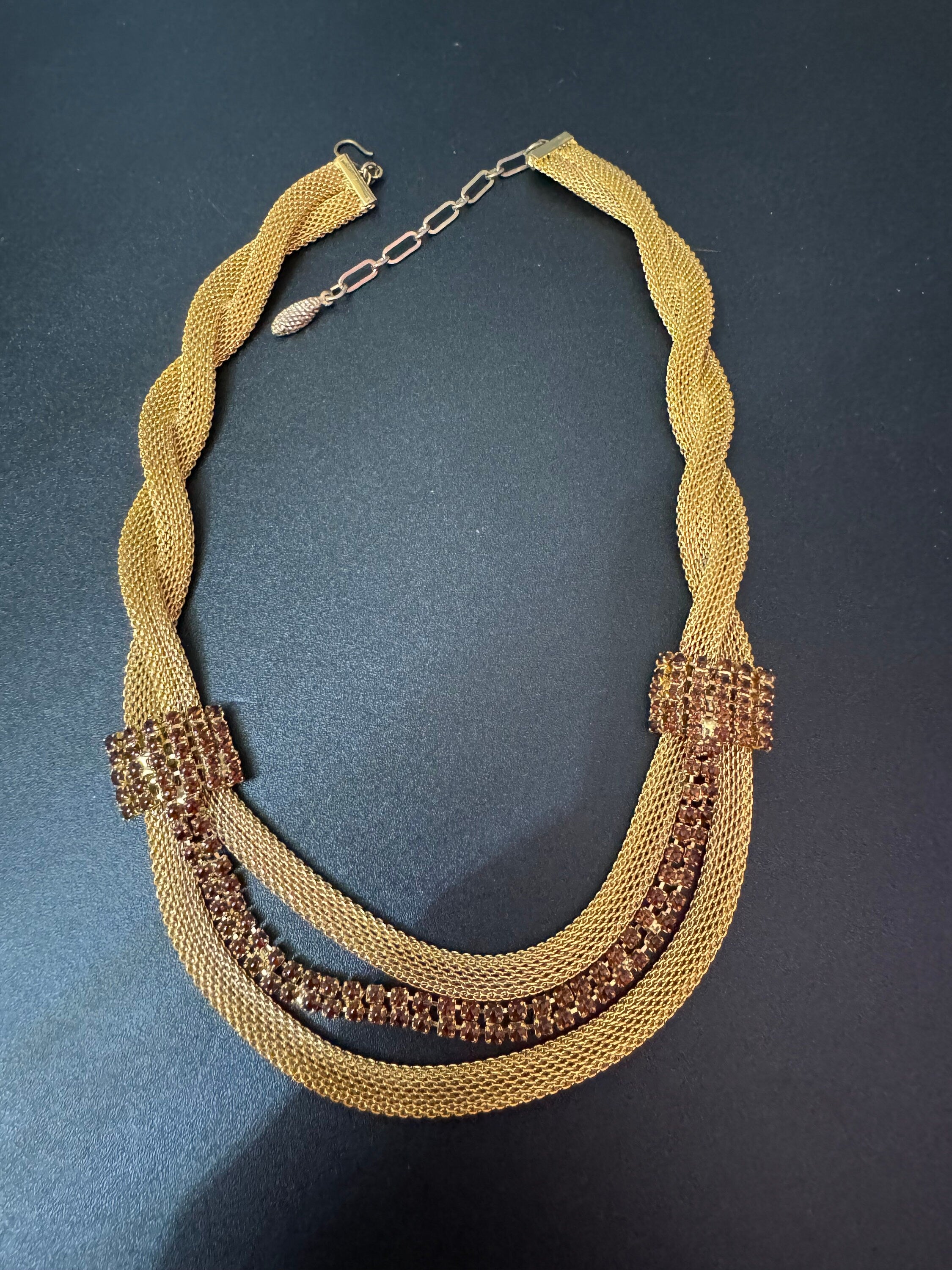 Vintage brown cognac glass diamanté rhinestone waterfall drop necklace gold tone 42-47cm