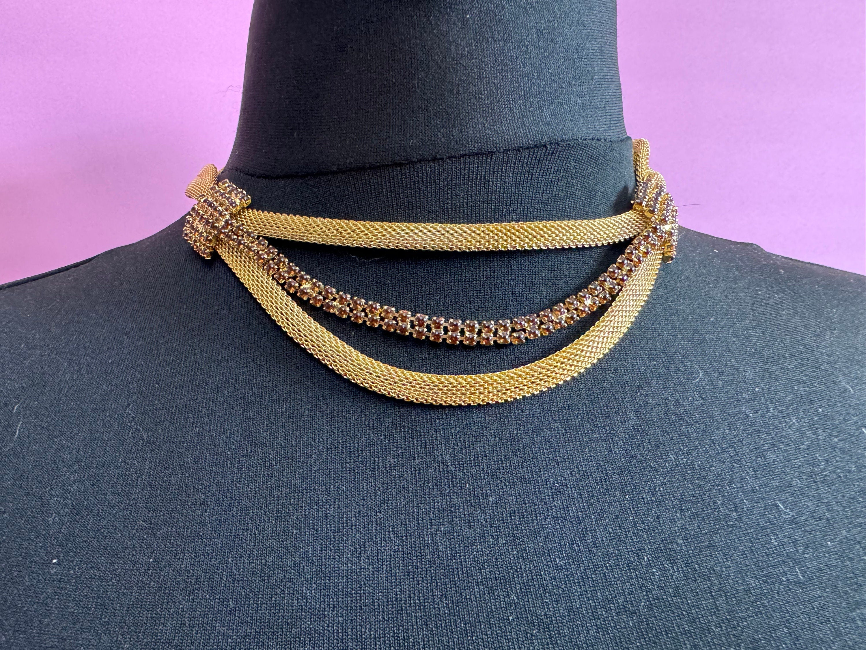 Vintage brown cognac glass diamanté rhinestone waterfall drop necklace gold tone 42-47cm
