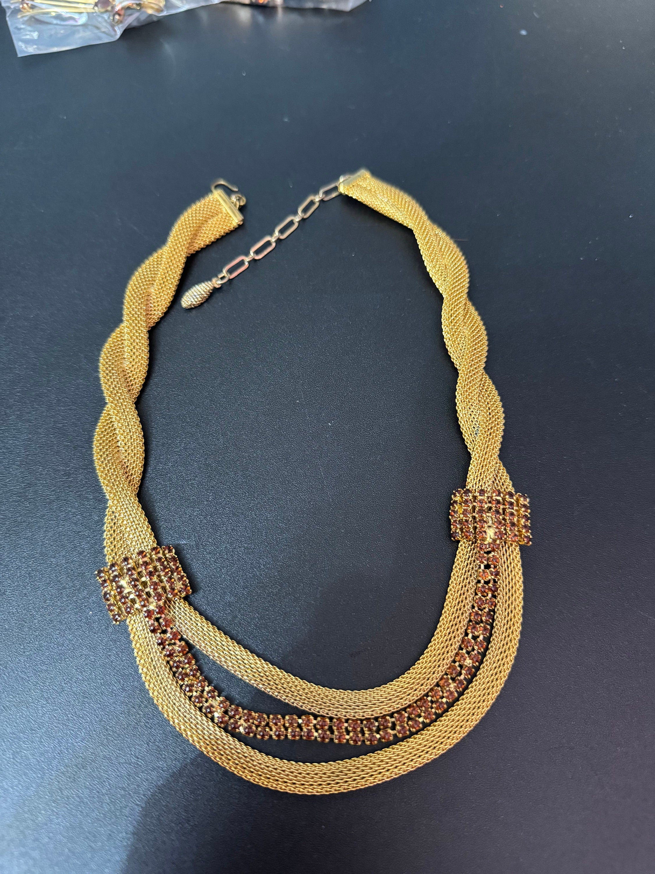 Vintage brown cognac glass diamanté rhinestone waterfall drop necklace gold tone 42-47cm