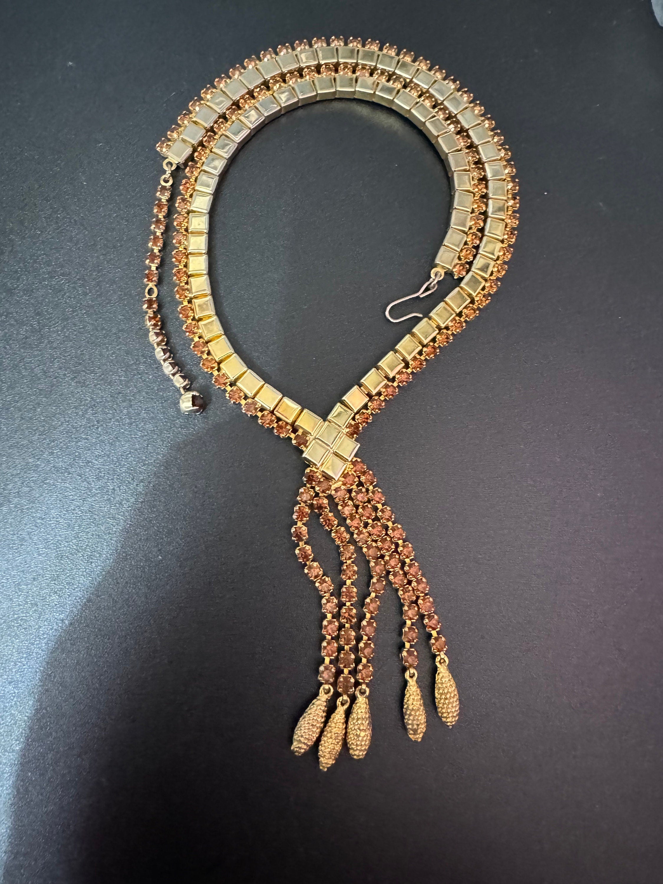Vintage brown cognac glass diamanté rhinestone waterfall drop necklace gold tone 42-47cm