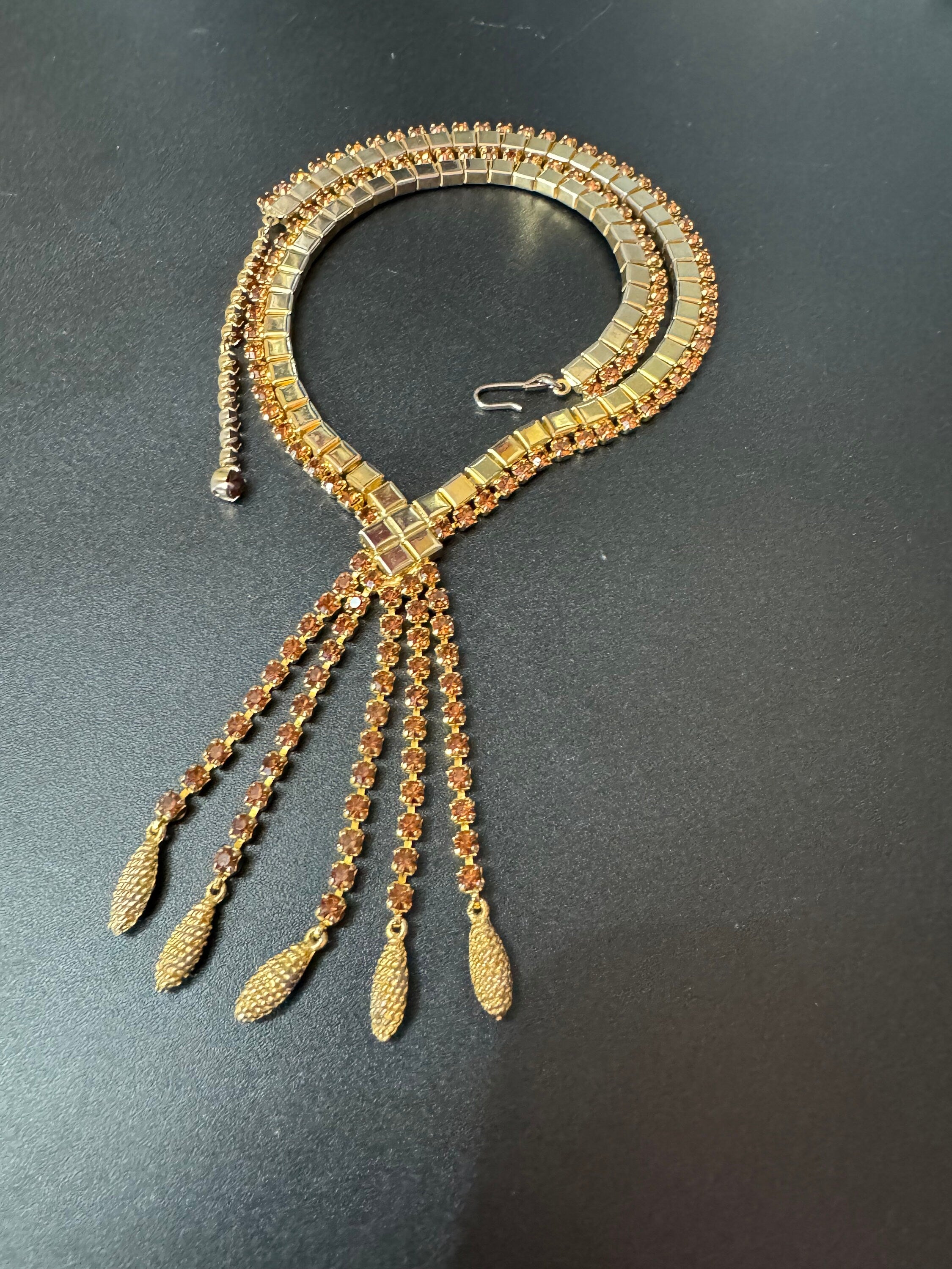 Vintage brown cognac glass diamanté rhinestone waterfall drop necklace gold tone 42-47cm