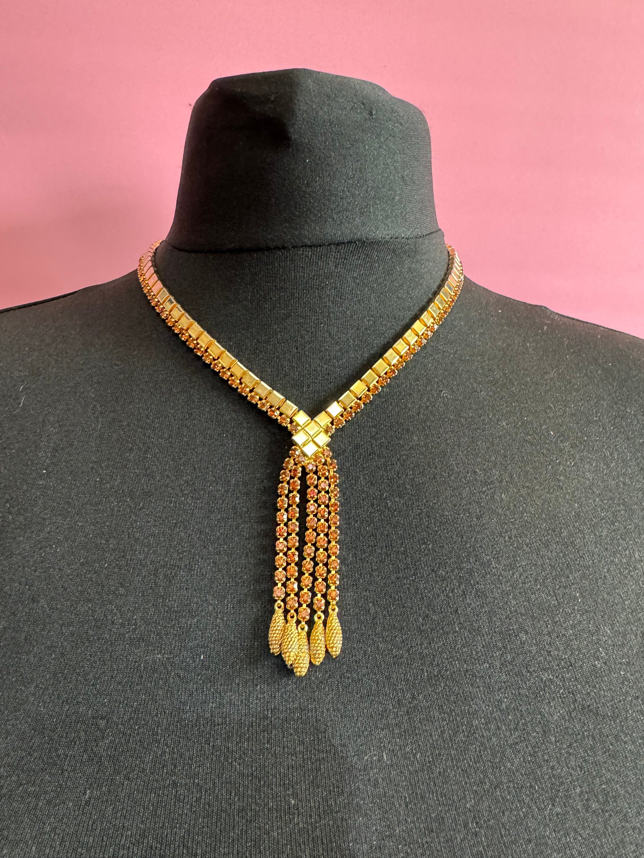 Vintage brown cognac glass diamanté rhinestone waterfall drop necklace gold tone 42-47cm