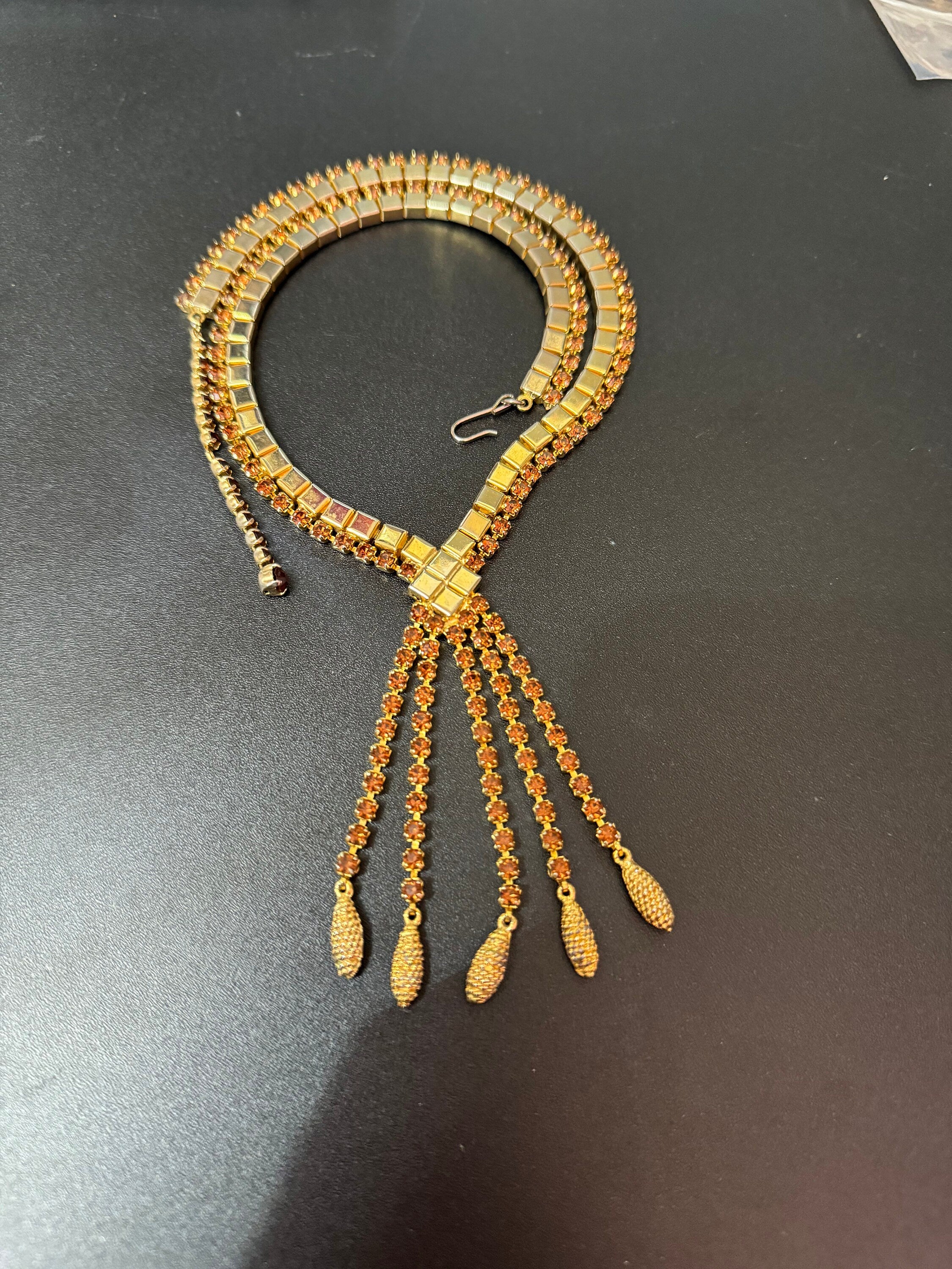 Vintage brown cognac glass diamanté rhinestone waterfall drop necklace gold tone 42-47cm