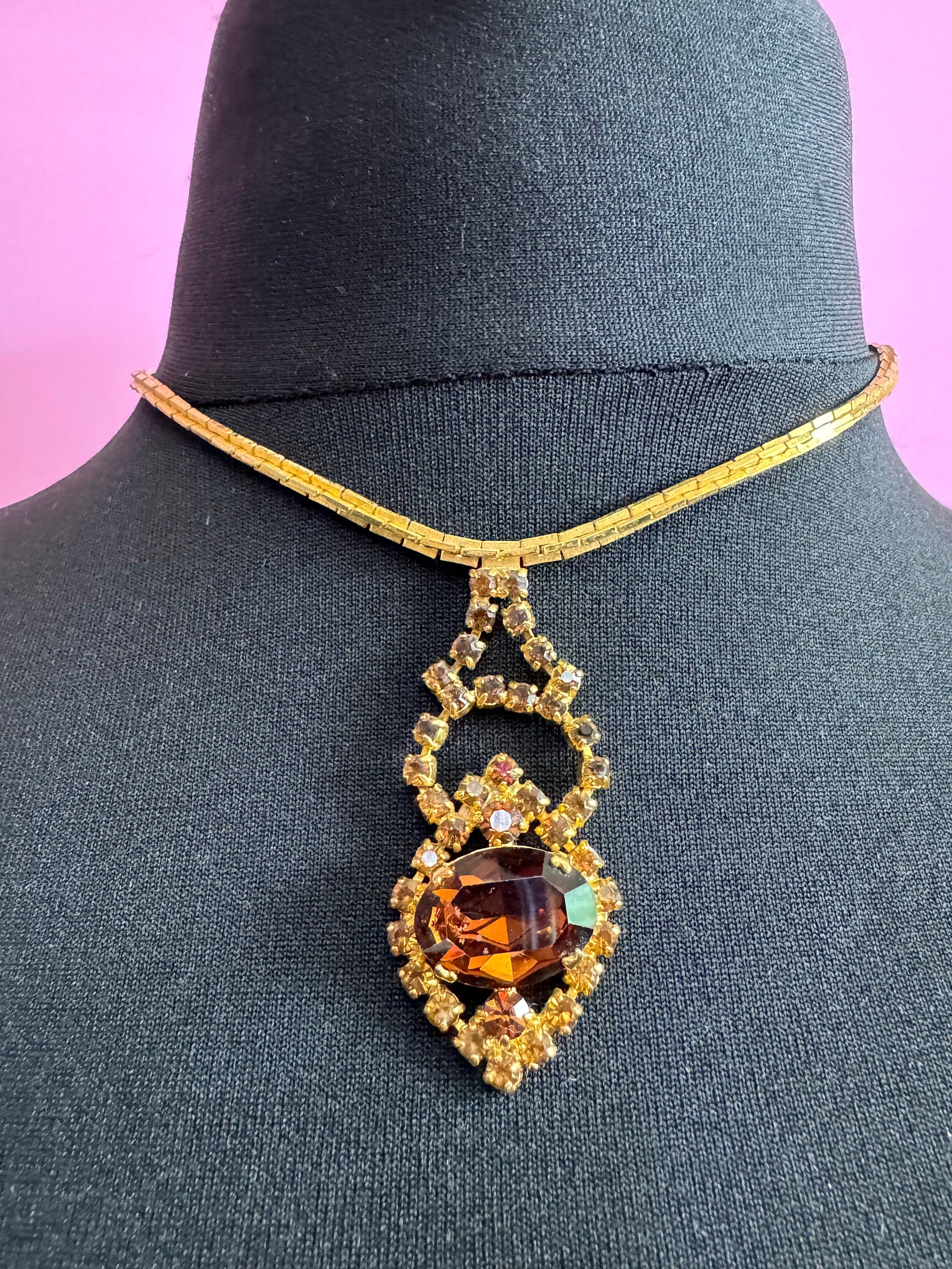 Vintage brown cognac glass diamanté rhinestone waterfall drop necklace gold tone 39-44cm