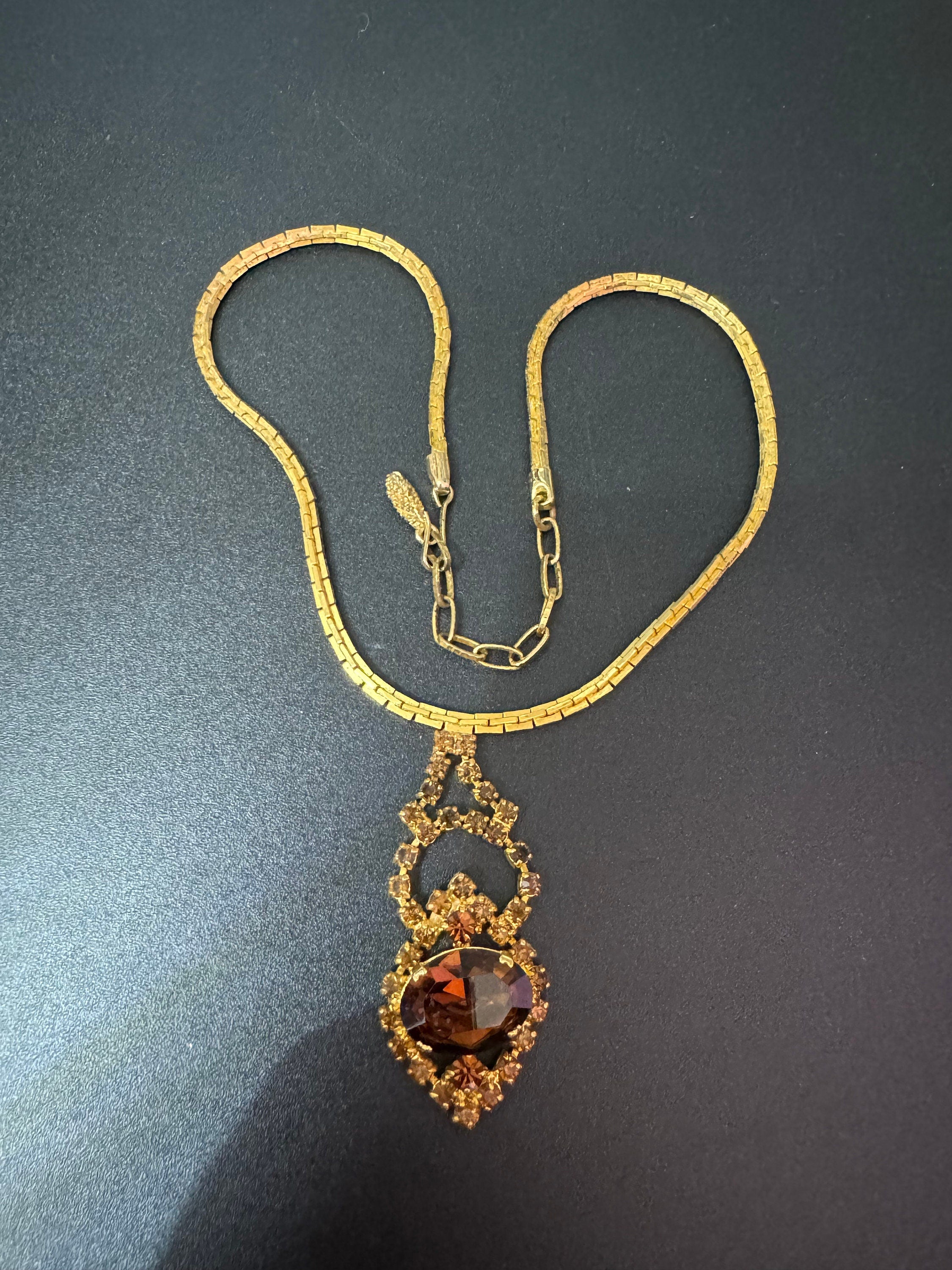 Vintage brown cognac glass diamanté rhinestone waterfall drop necklace gold tone 39-44cm