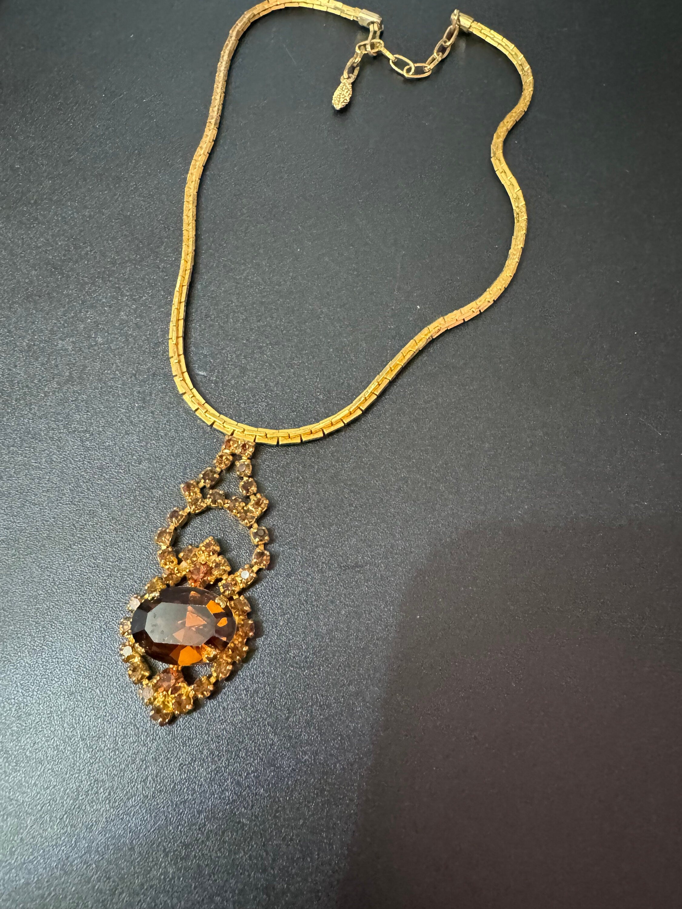 Vintage brown cognac glass diamanté rhinestone waterfall drop necklace gold tone 39-44cm