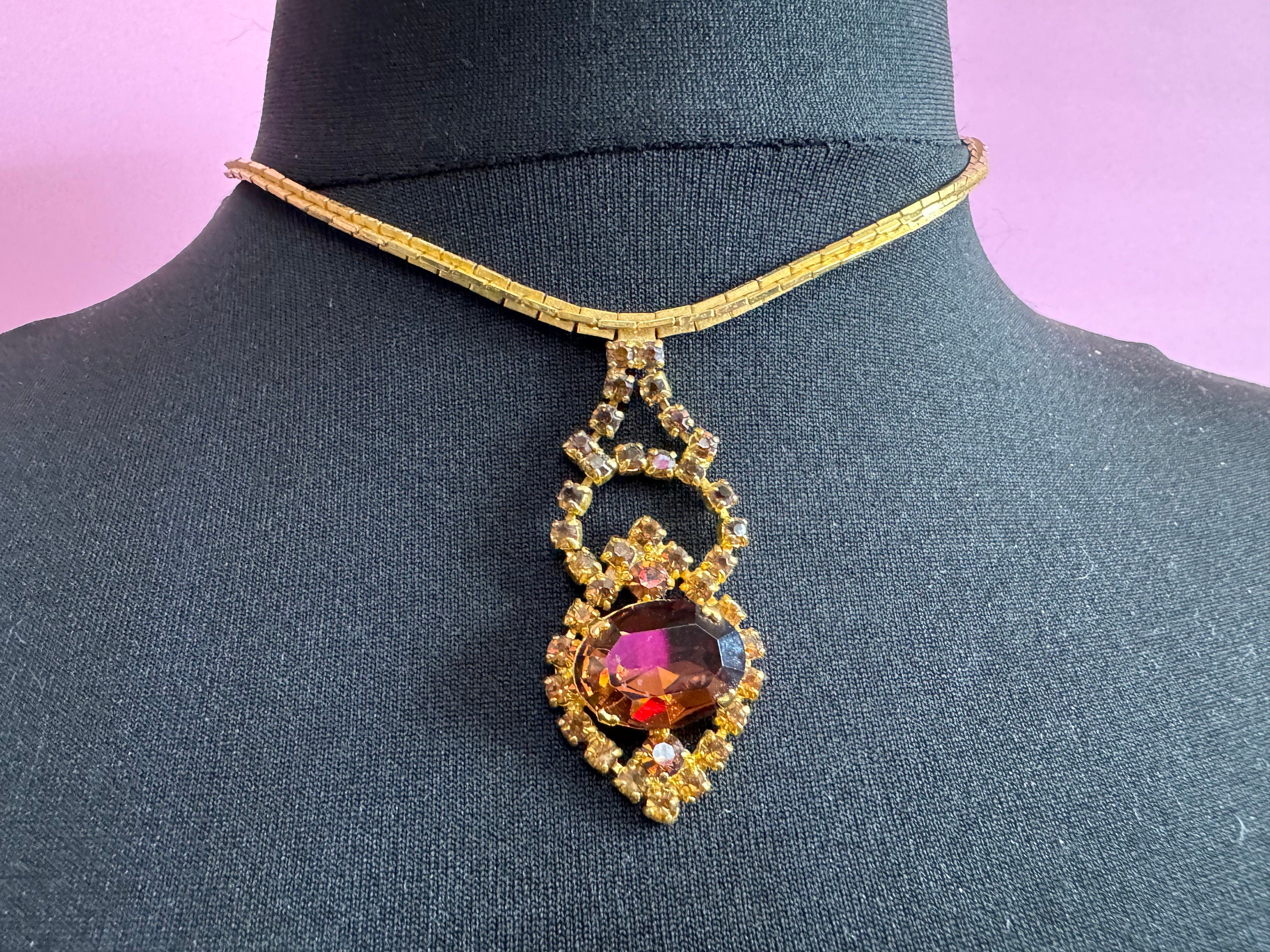 Vintage brown cognac glass diamanté rhinestone waterfall drop necklace gold tone 39-44cm