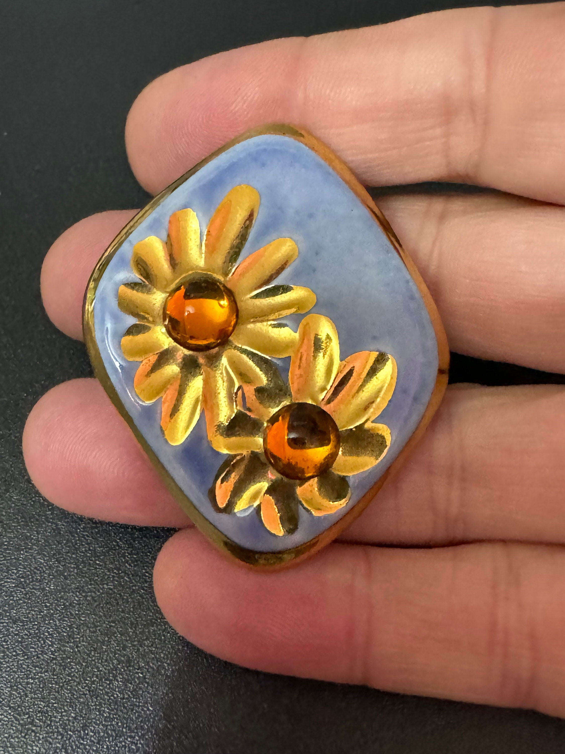 Signed channel island pottery Vintage ceramic turquoise orange gold large brooch